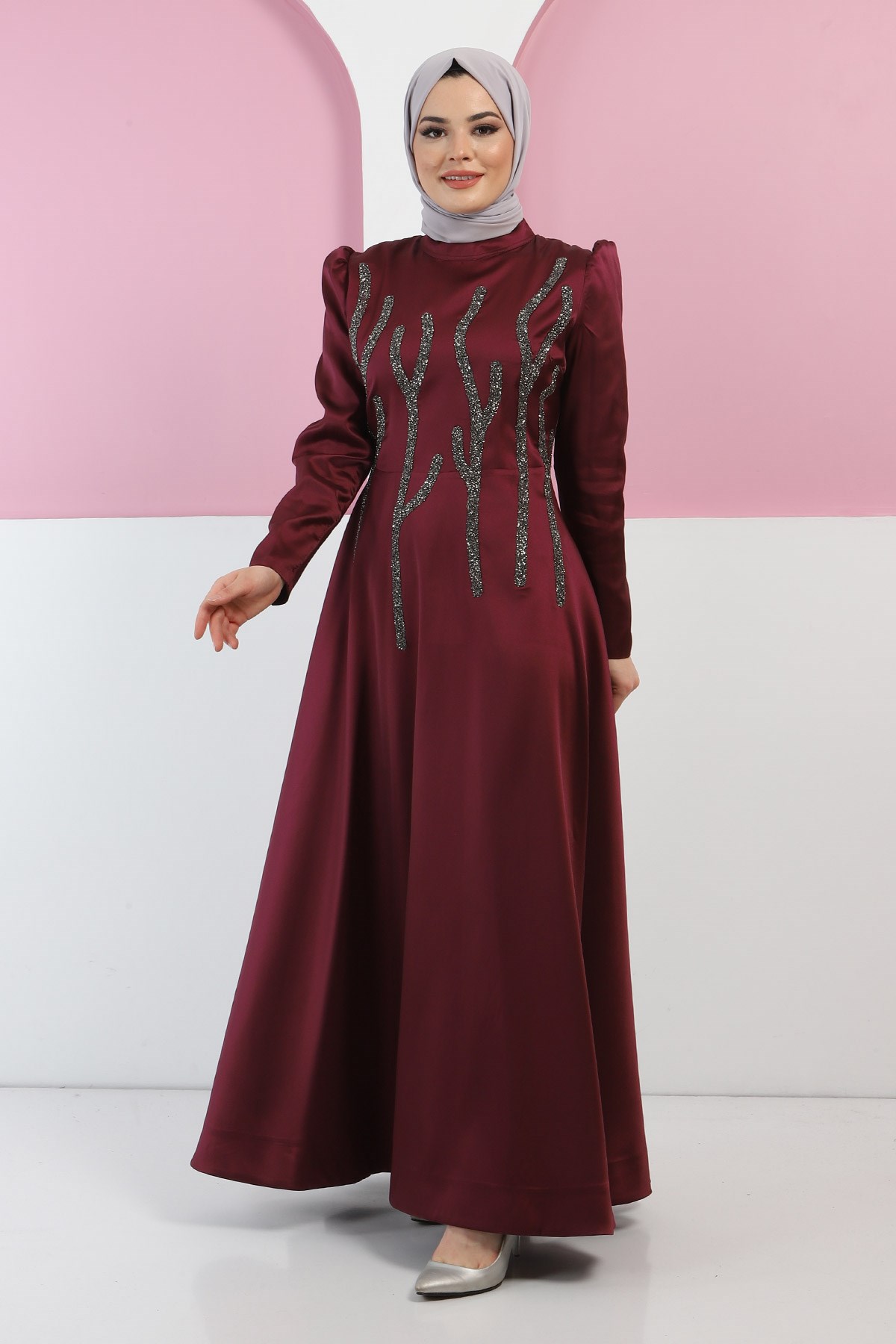 Taşlı Saten Abiye Mürdüm 11502