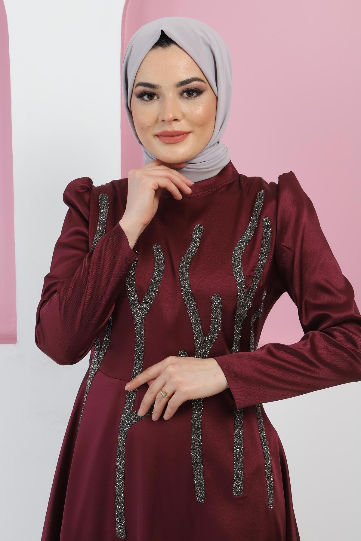 Taşlı Saten Abiye Mürdüm 11502