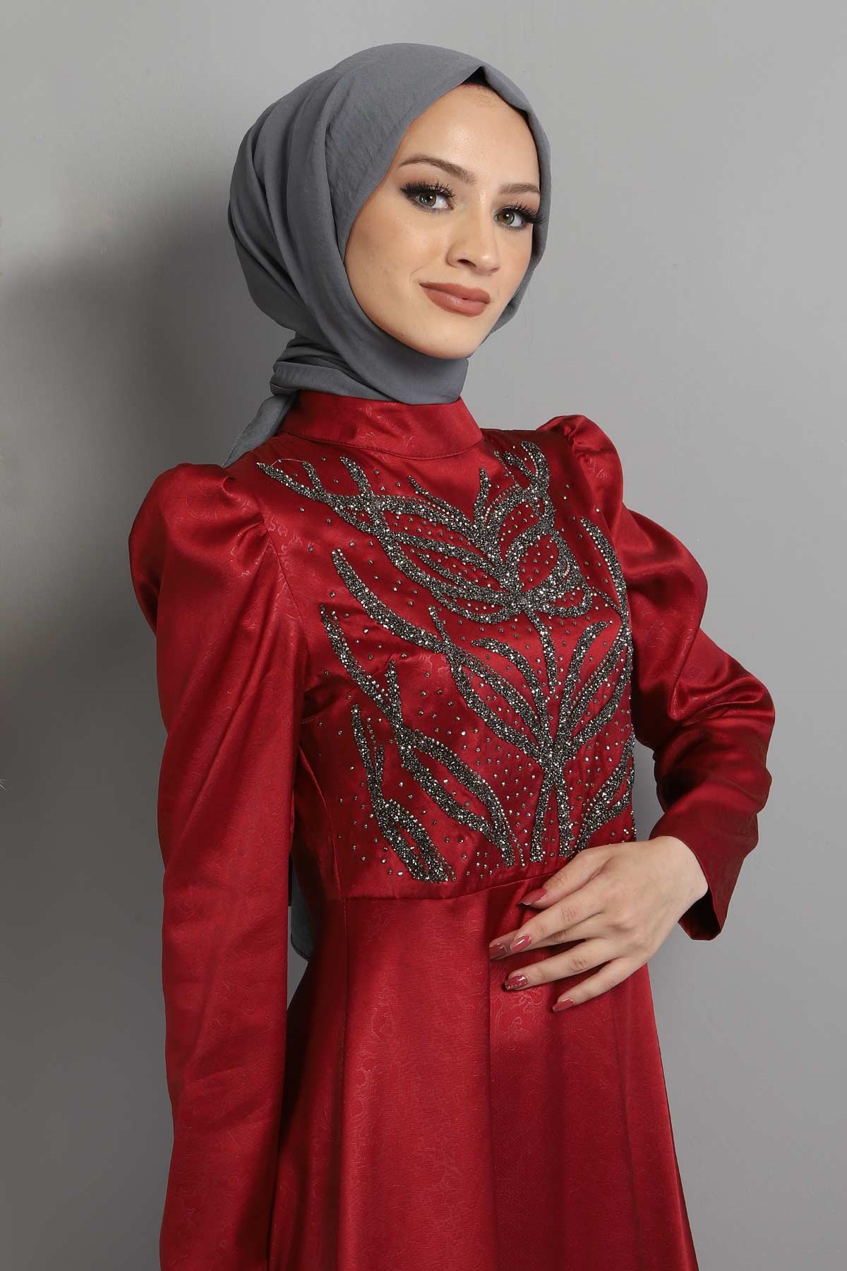 Taşlı Yakma Desenli Abiye Bordo 11404