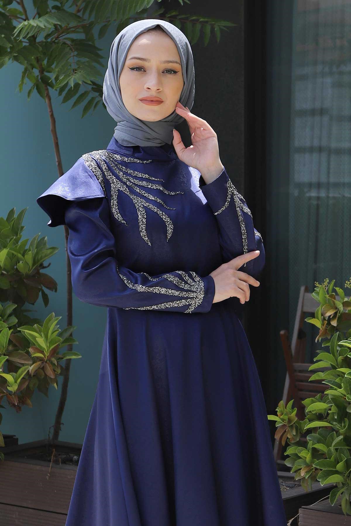 Taşlı Yakma Desenli Abiye İndigo 11403