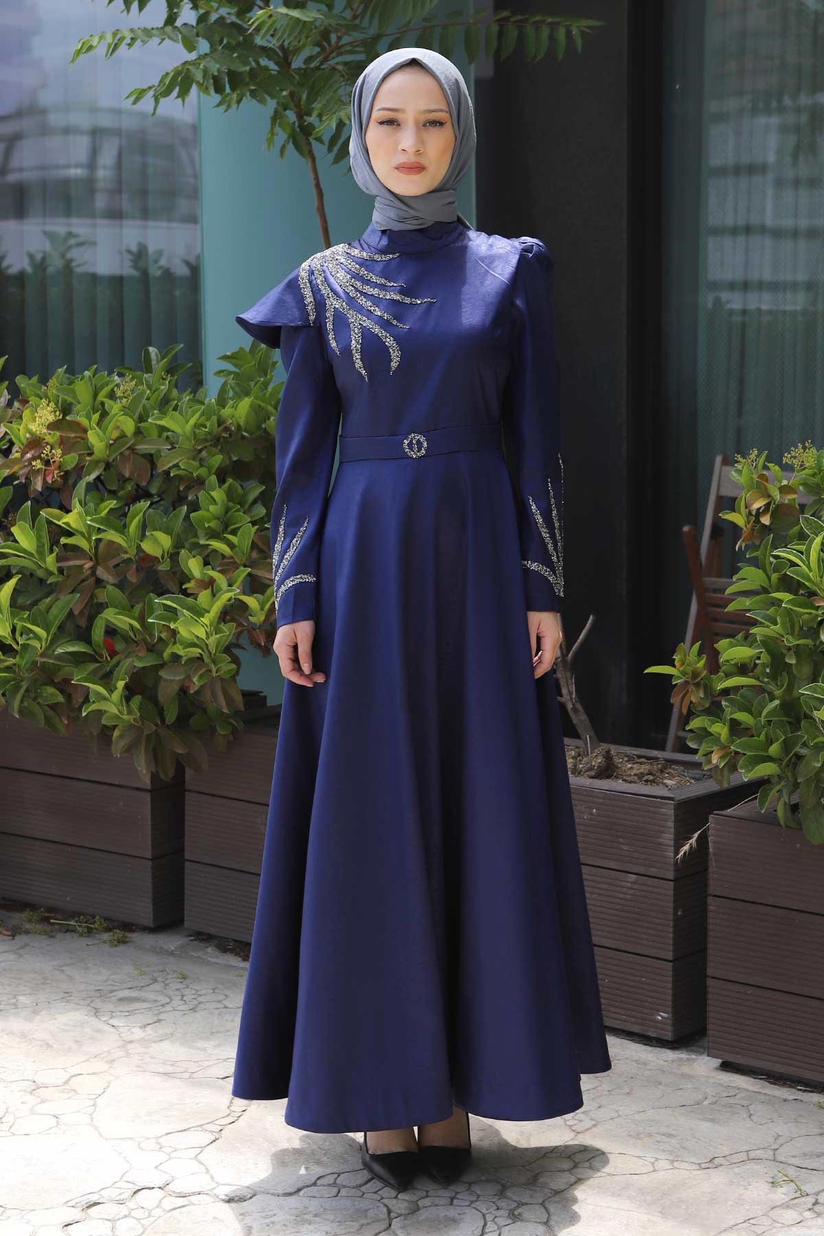 Taşlı Yakma Desenli Abiye İndigo 11403