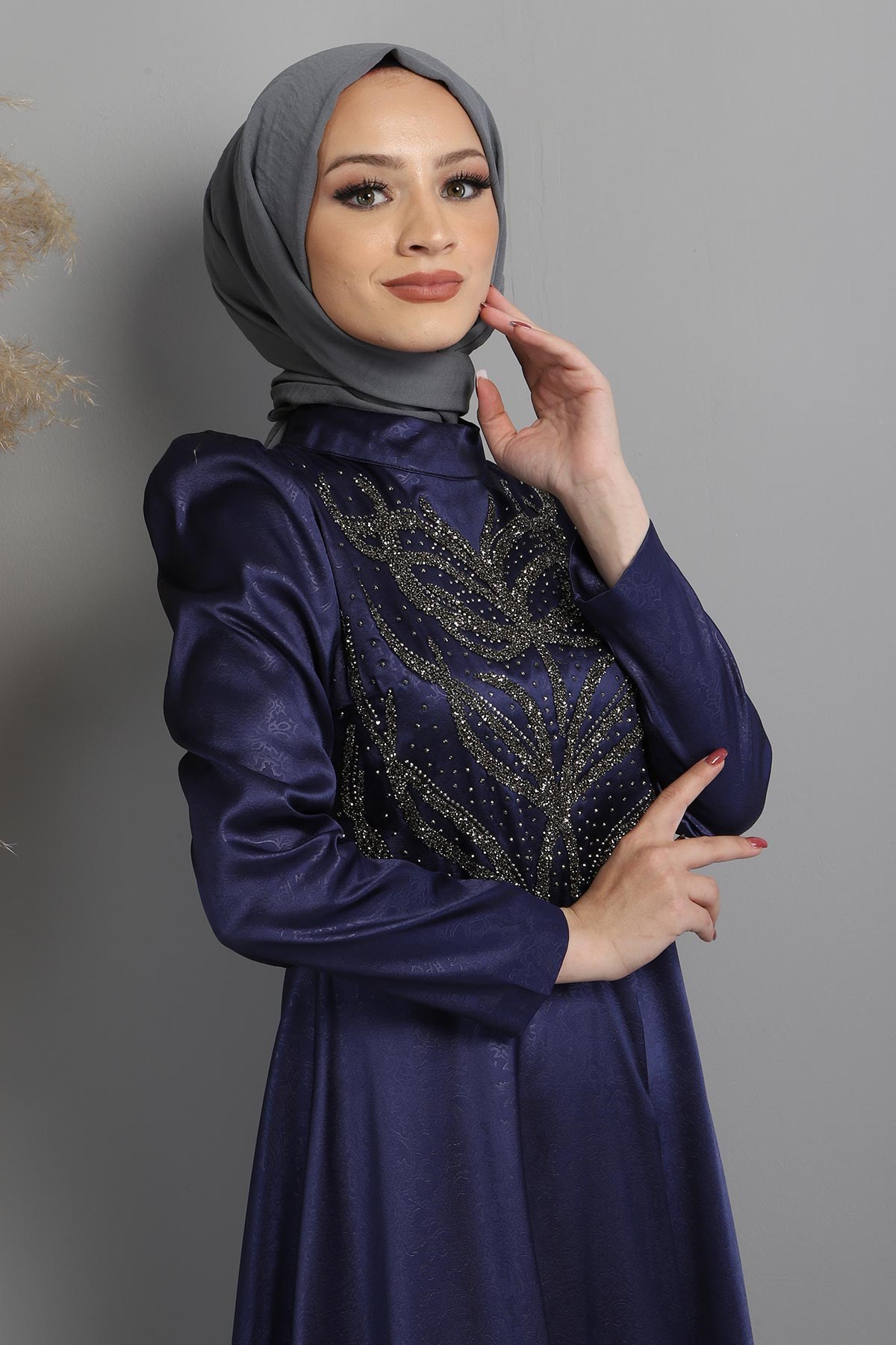 Taşlı Yakma Desenli Abiye İndigo 11404