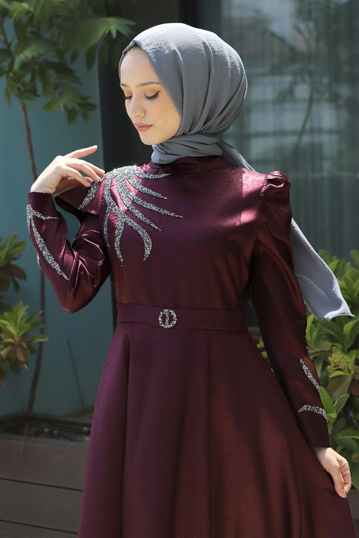 Taşlı Yakma Desenli Abiye Mürdüm 11403