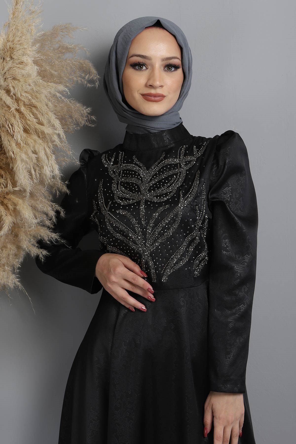 Taşlı Yakma Desenli Abiye Siyah 11404