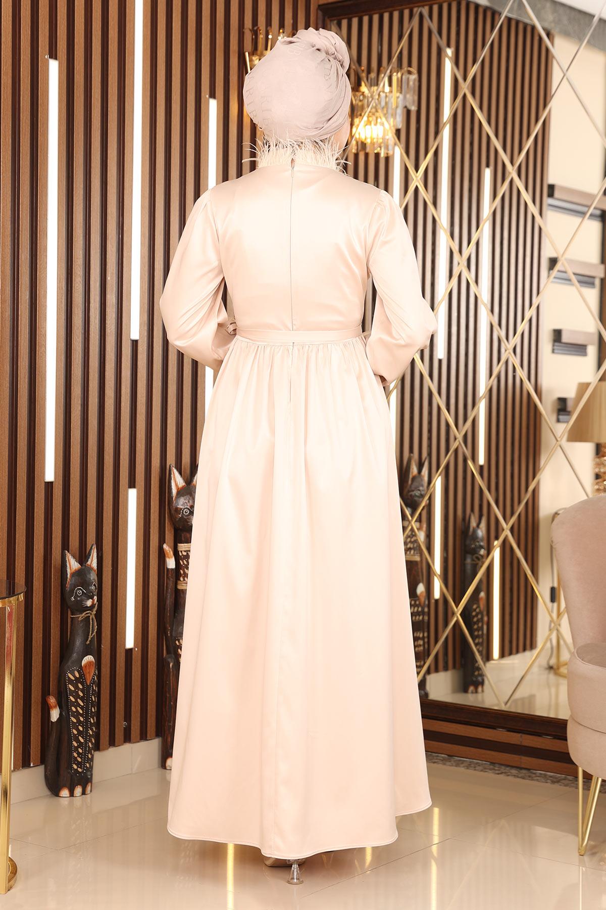 Tüy Detaylı Saten Abiye Bej 19123