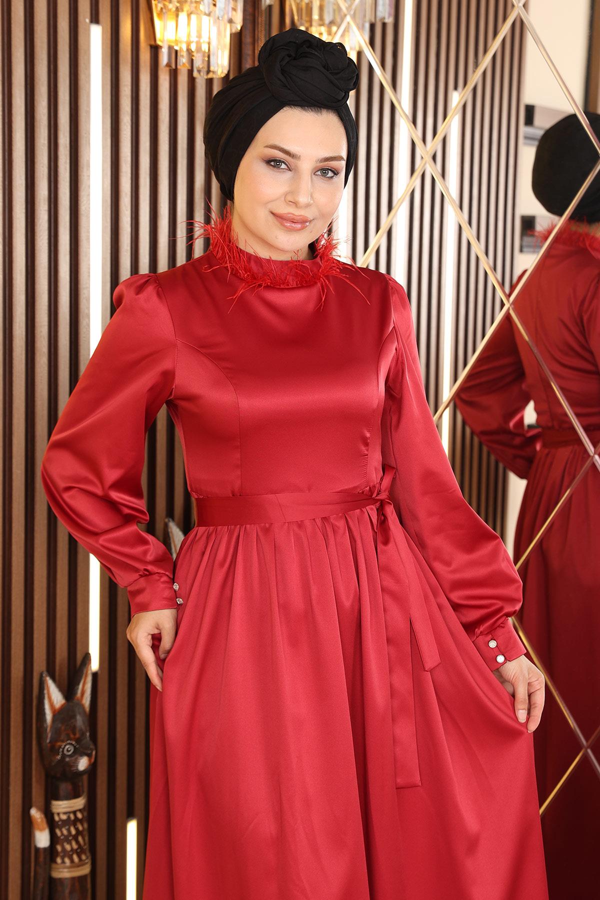 Tüy Detaylı Saten Abiye Kırmızı 19123