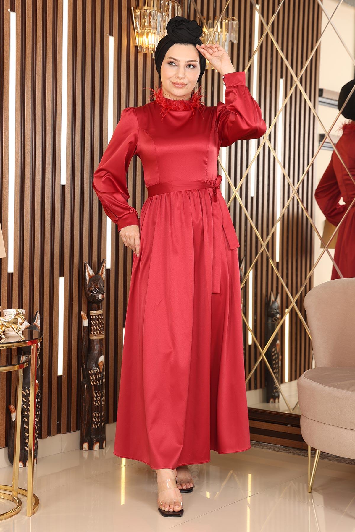 Tüy Detaylı Saten Abiye Kırmızı 19123