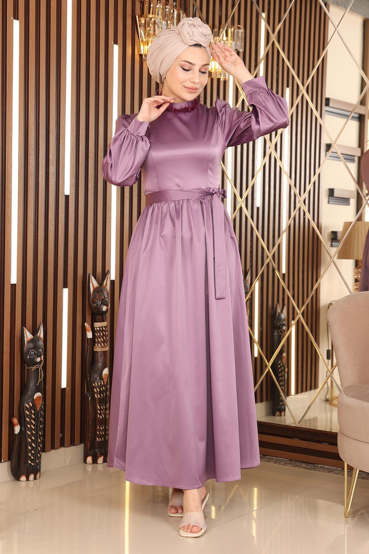 Tüy Detaylı Saten Abiye Lila 19123