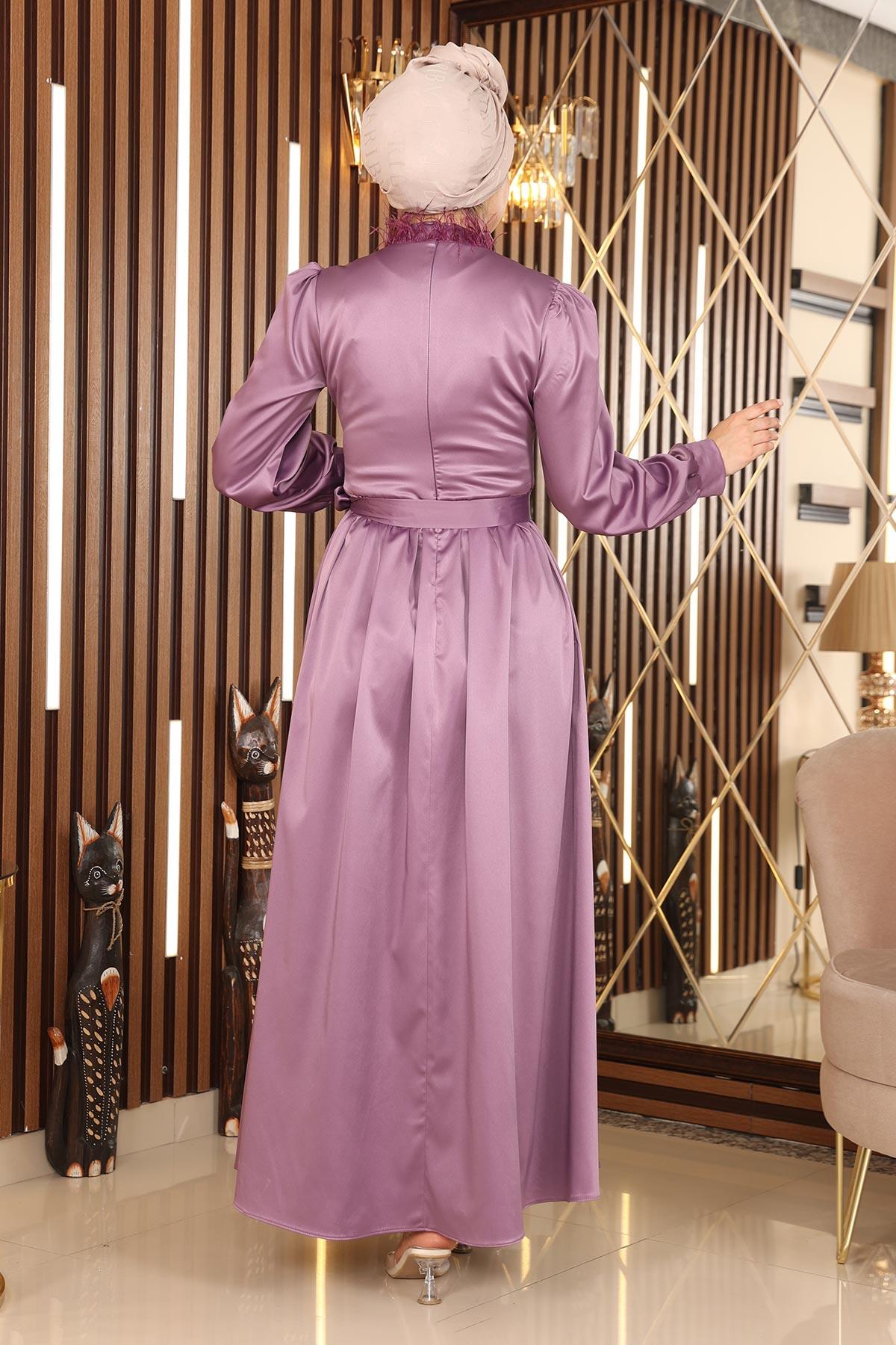 Tüy Detaylı Saten Abiye Lila 19123