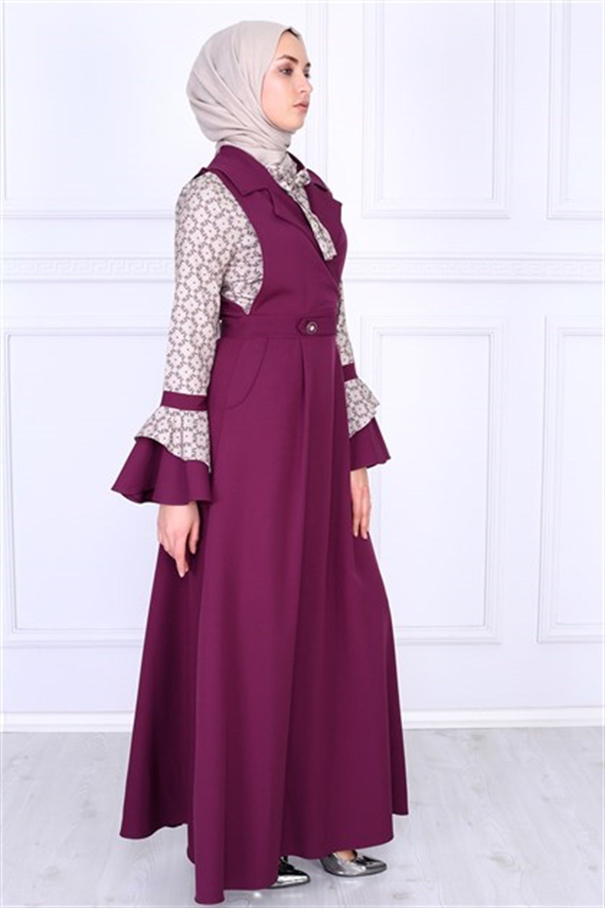 Yaka Detaylı Tesettür Elbise Mürdüm Mürdüm 9338-4-48