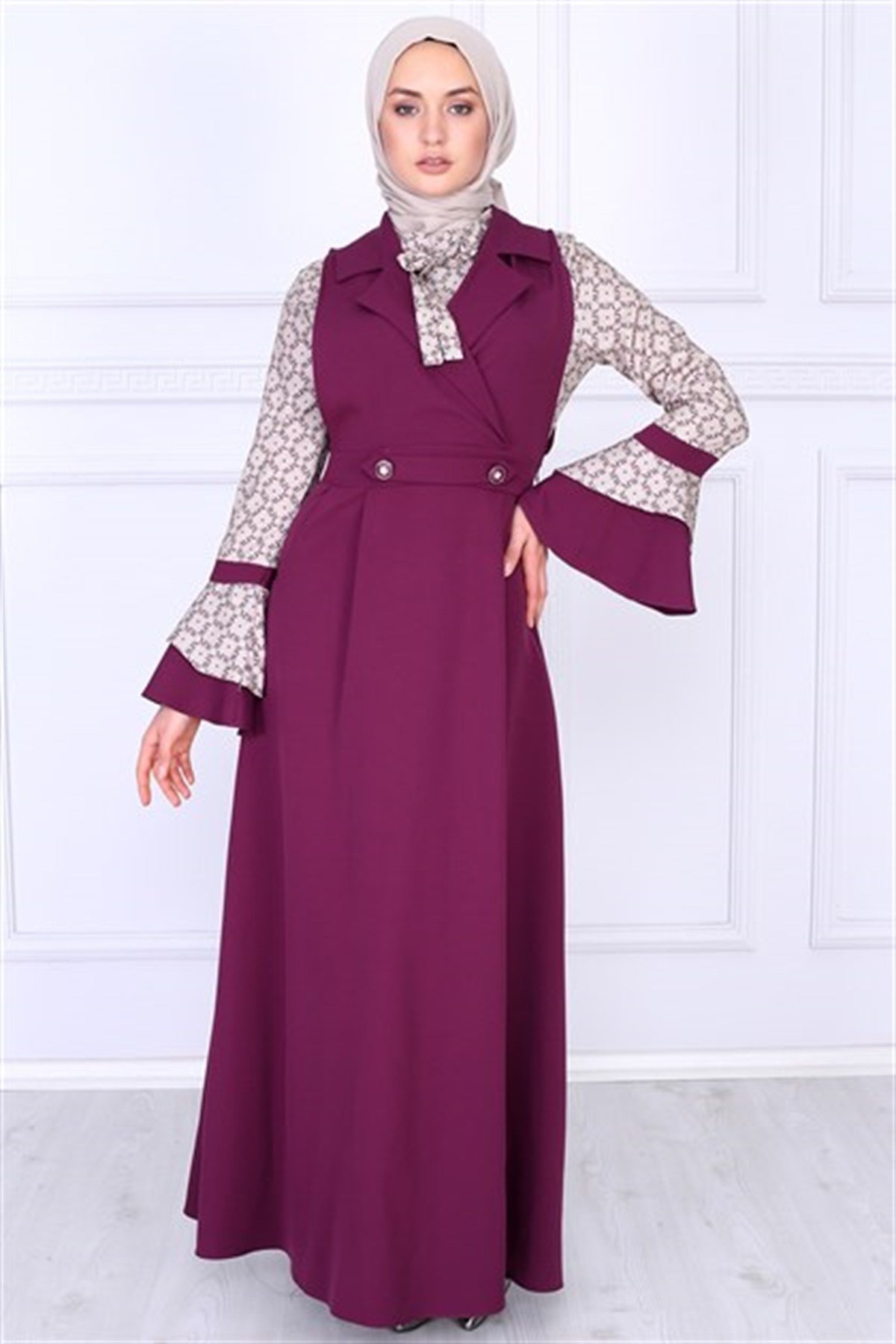 Yaka Detaylı Tesettür Elbise Mürdüm Mürdüm 9338-4-48