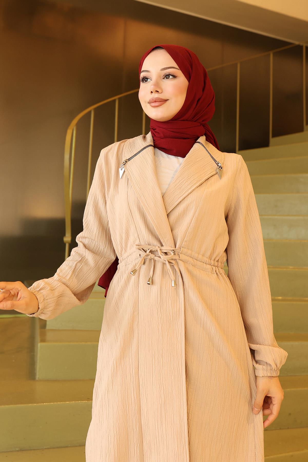 Yakası Fermuar Detaylı Takım Bej 19276