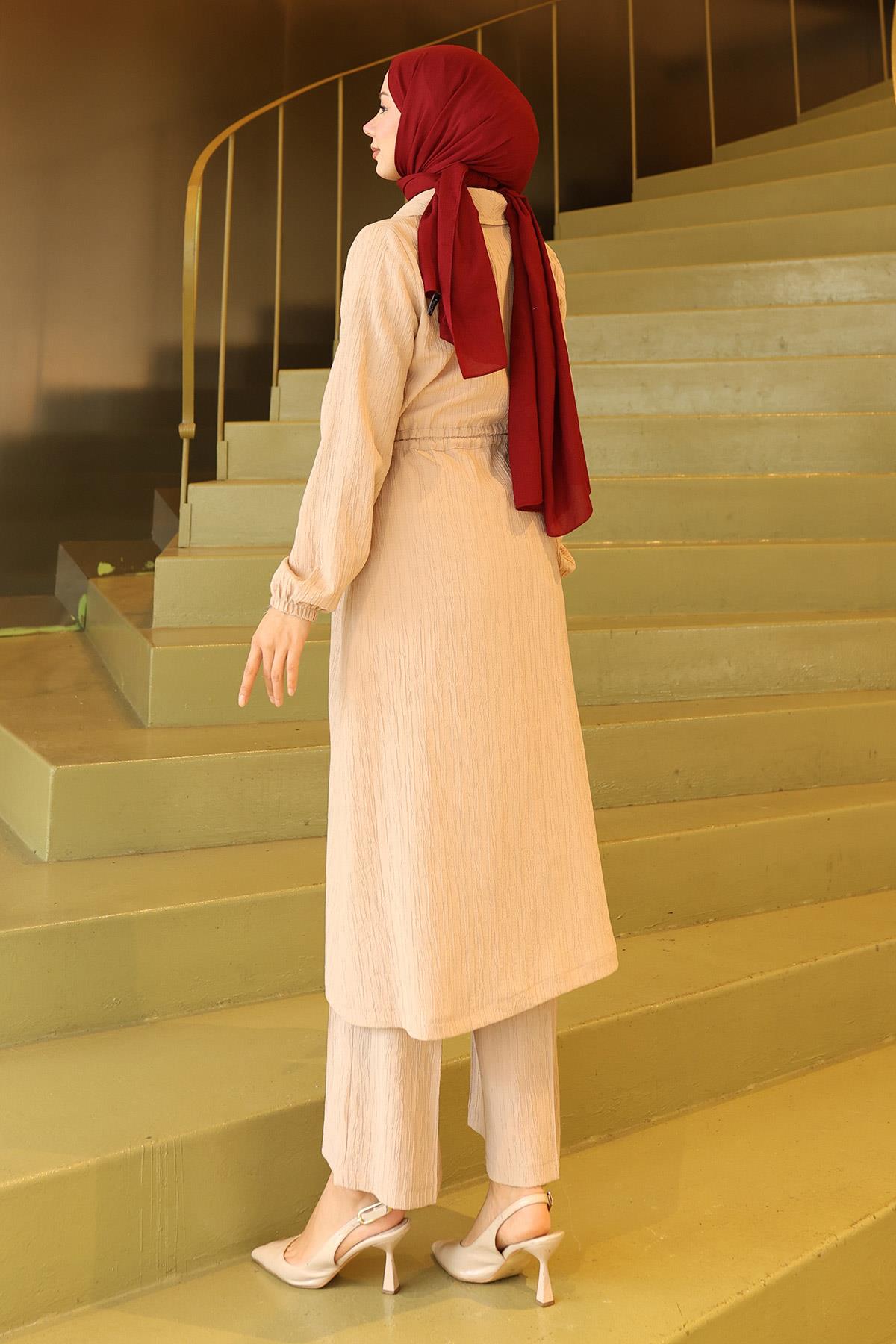 Yakası Fermuar Detaylı Takım Bej 19276