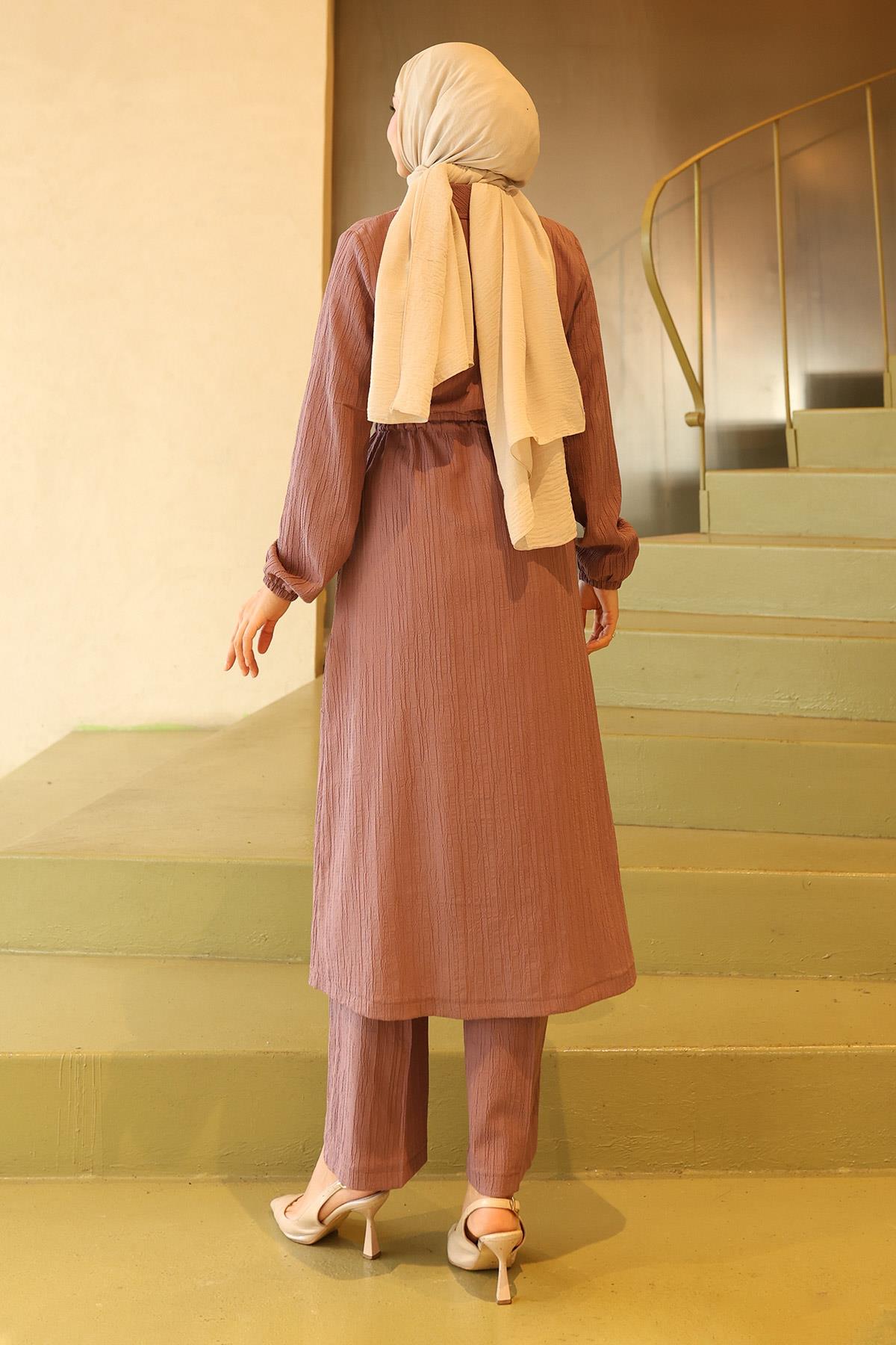 Yakası Fermuar Detaylı Takım Gül Kurusu 19276