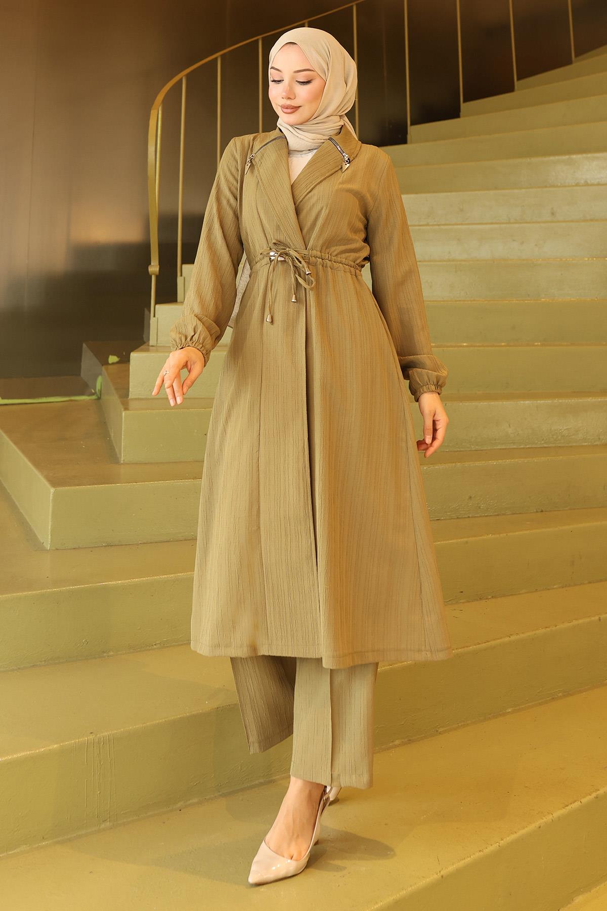 Yakası Fermuar Detaylı Takım Haki 19276