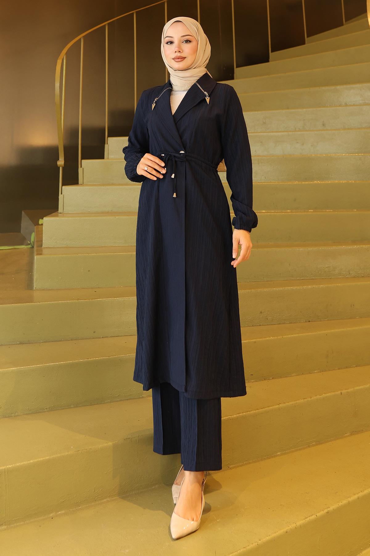 Yakası Fermuar Detaylı Takım Lacivert 19276