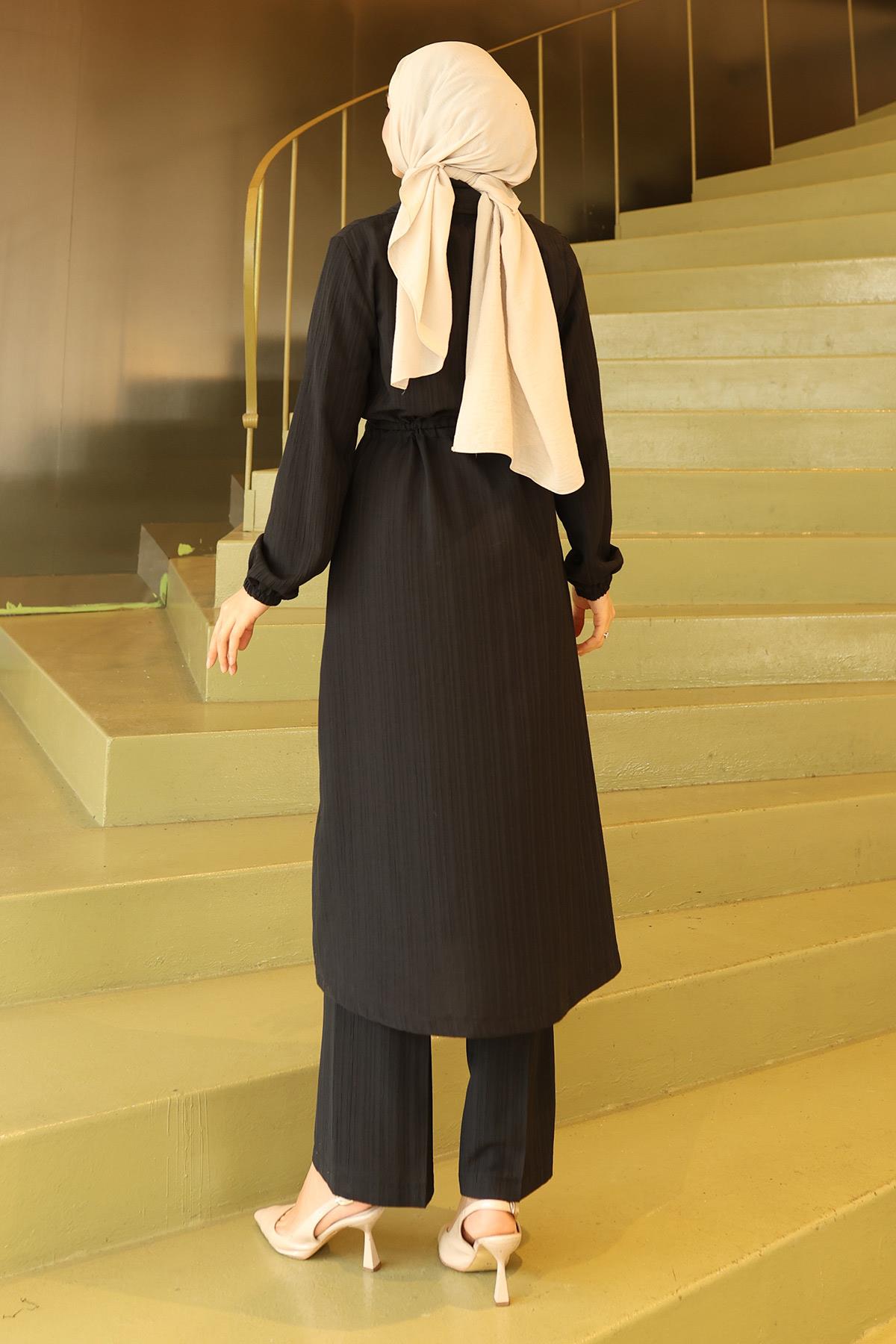 Yakası Fermuar Detaylı Takım Siyah 19276