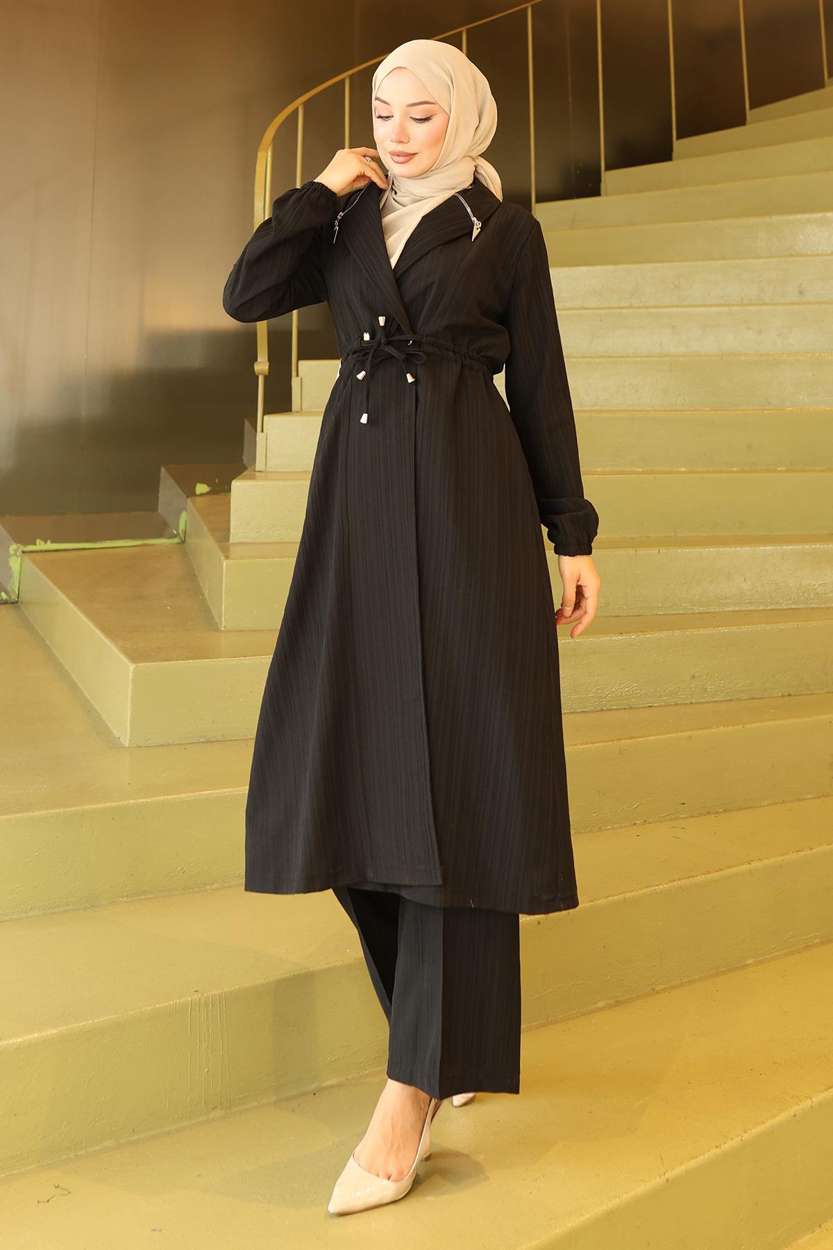 Yakası Fermuar Detaylı Takım Siyah 19276