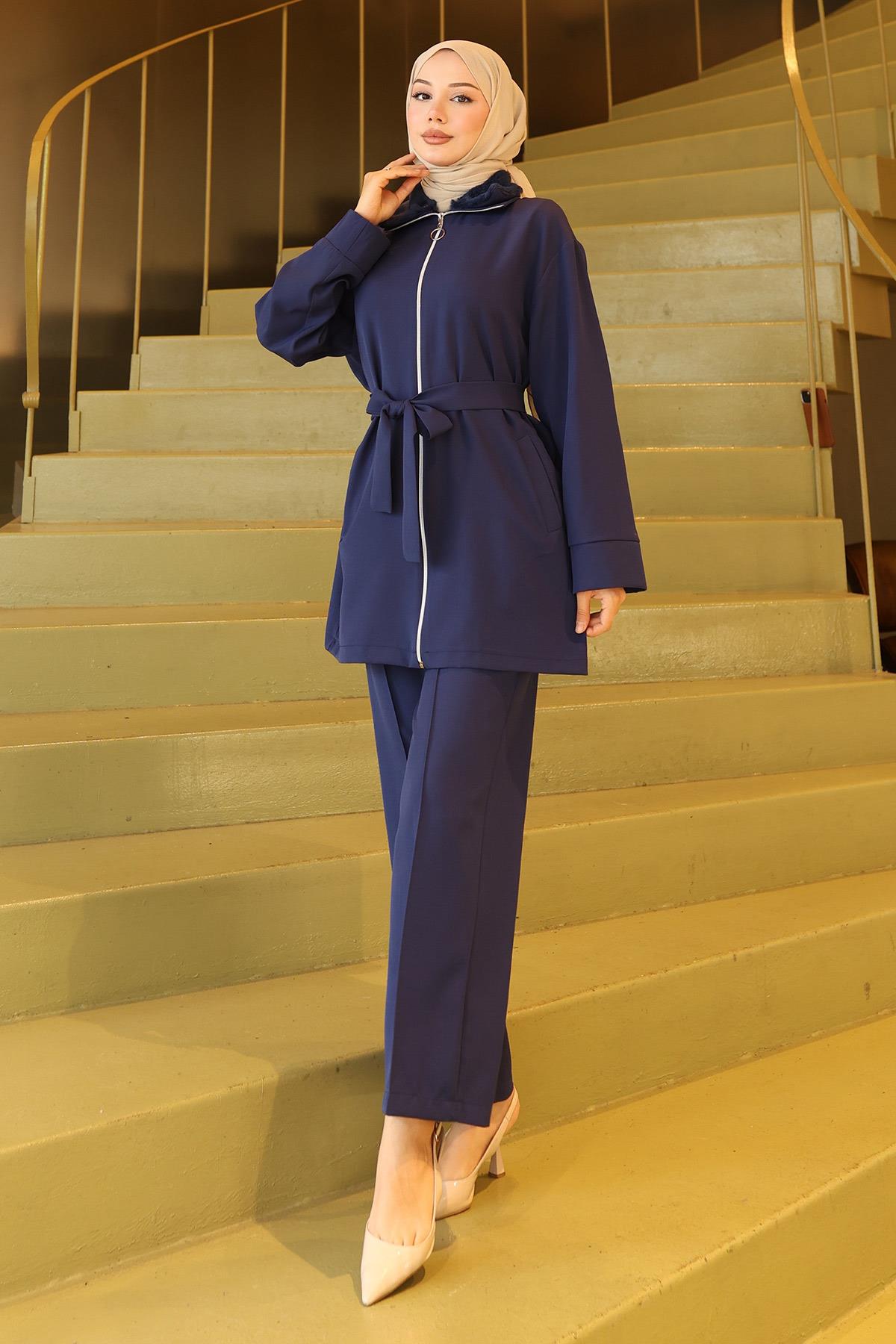 Yakası Kürk Detaylı Takım İndigo 19385