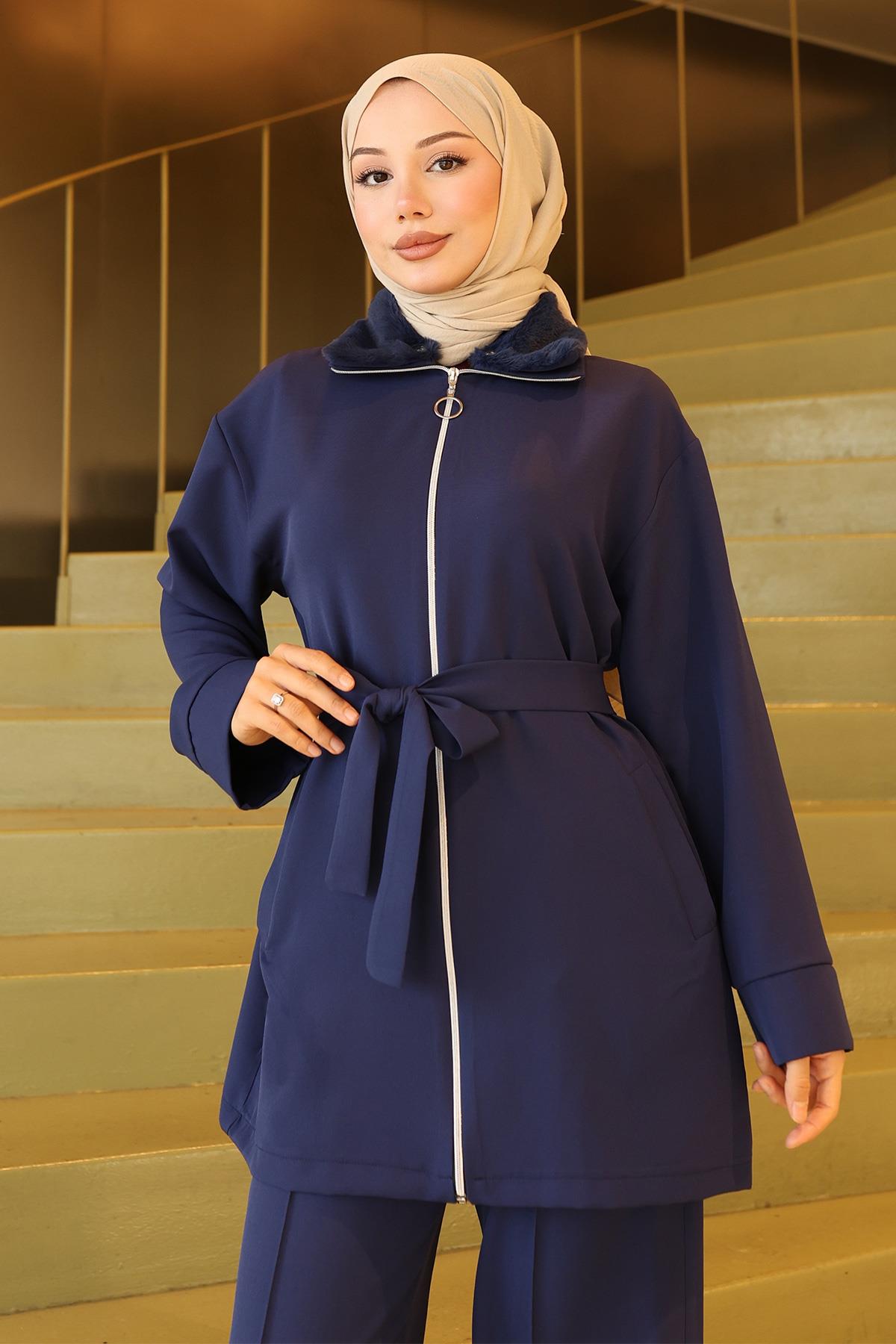 Yakası Kürk Detaylı Takım İndigo 19385