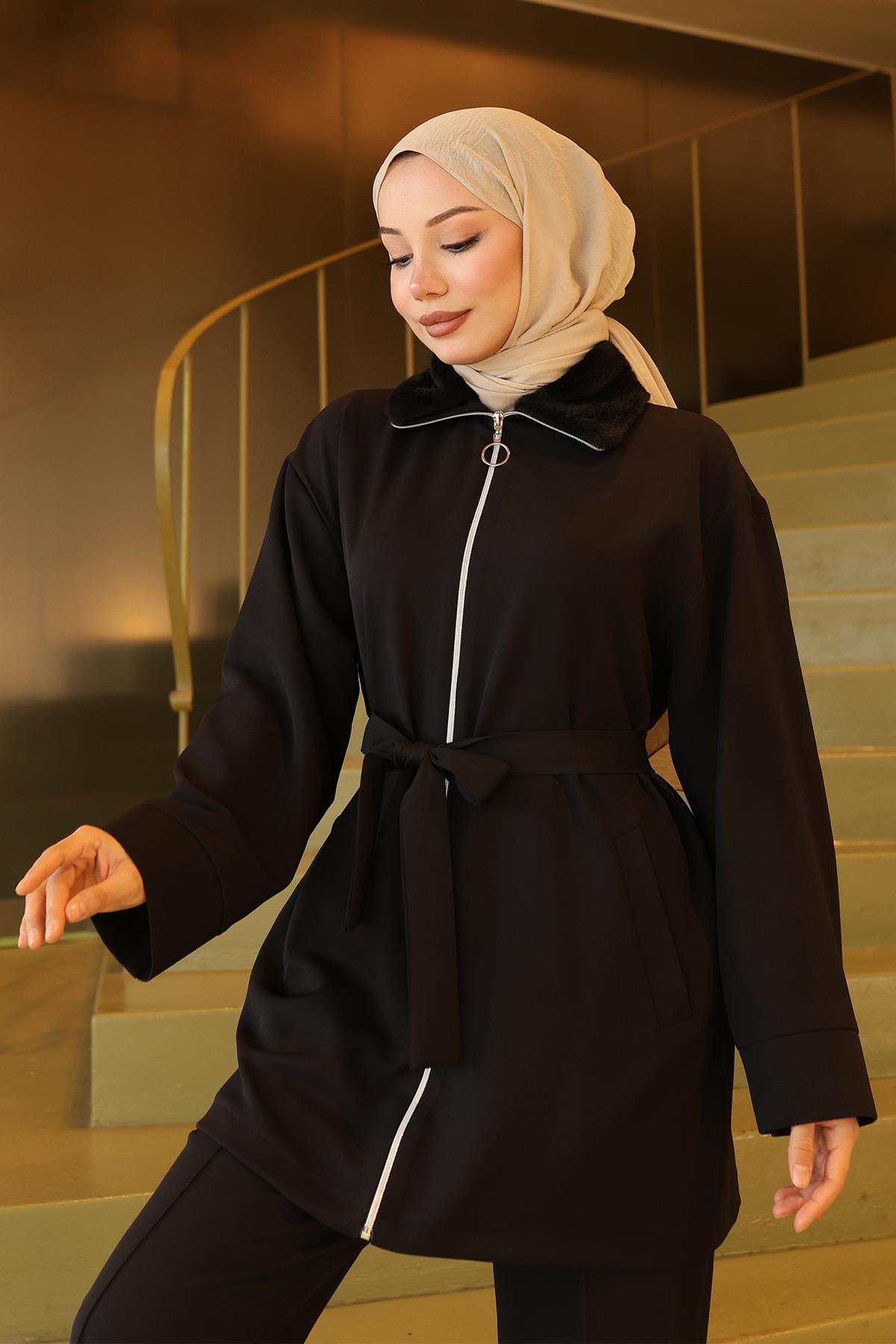 Yakası Kürk Detaylı Takım Siyah 19385