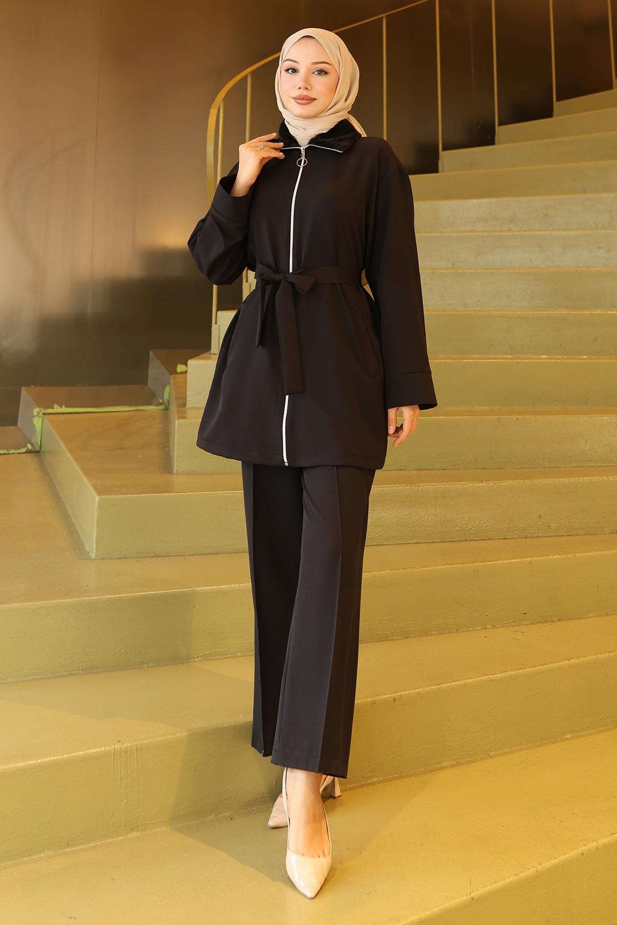 Yakası Kürk Detaylı Takım Siyah 19385