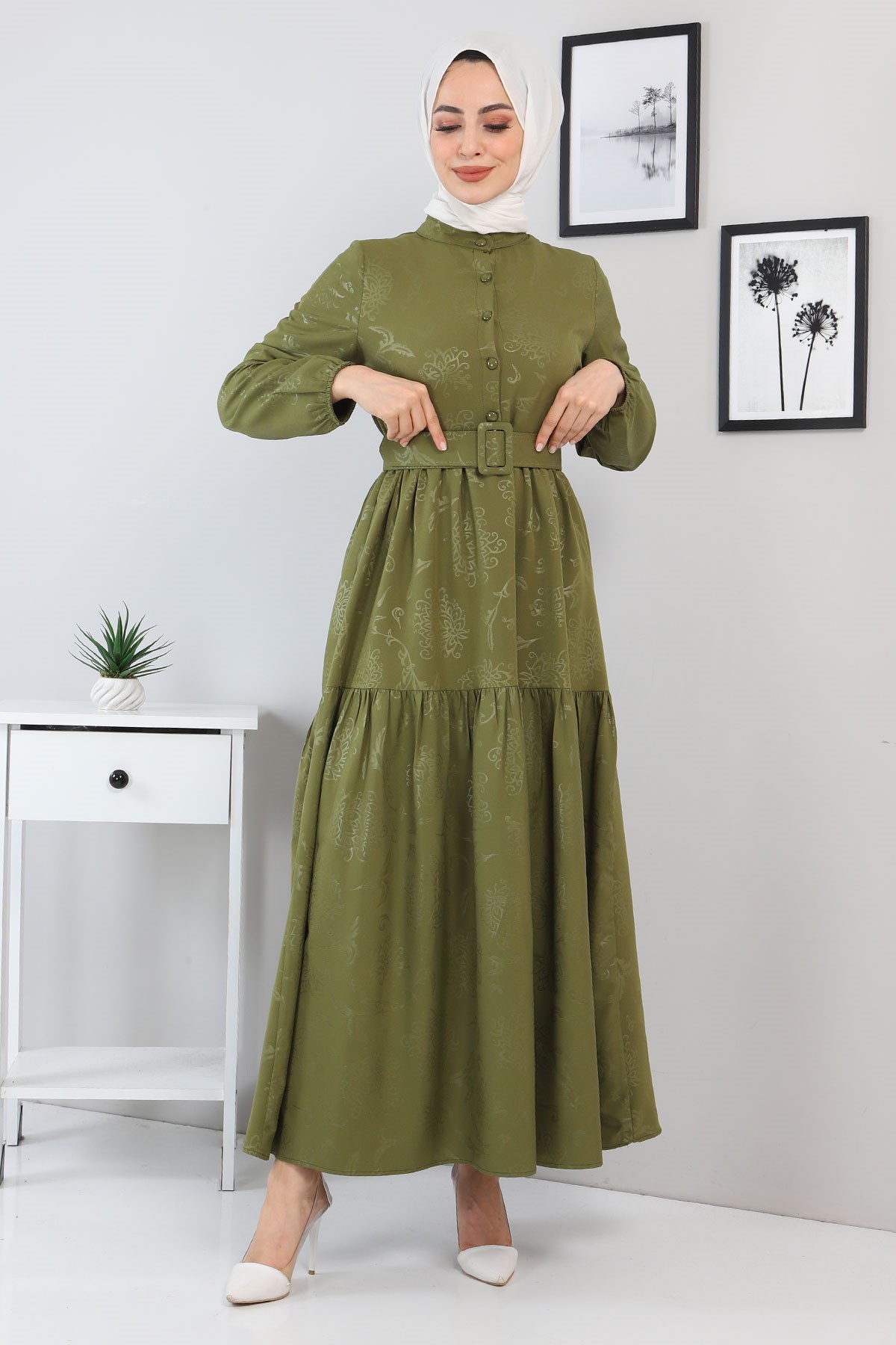 Yakma Desenli Fırfırlı Elbise Haki 11800