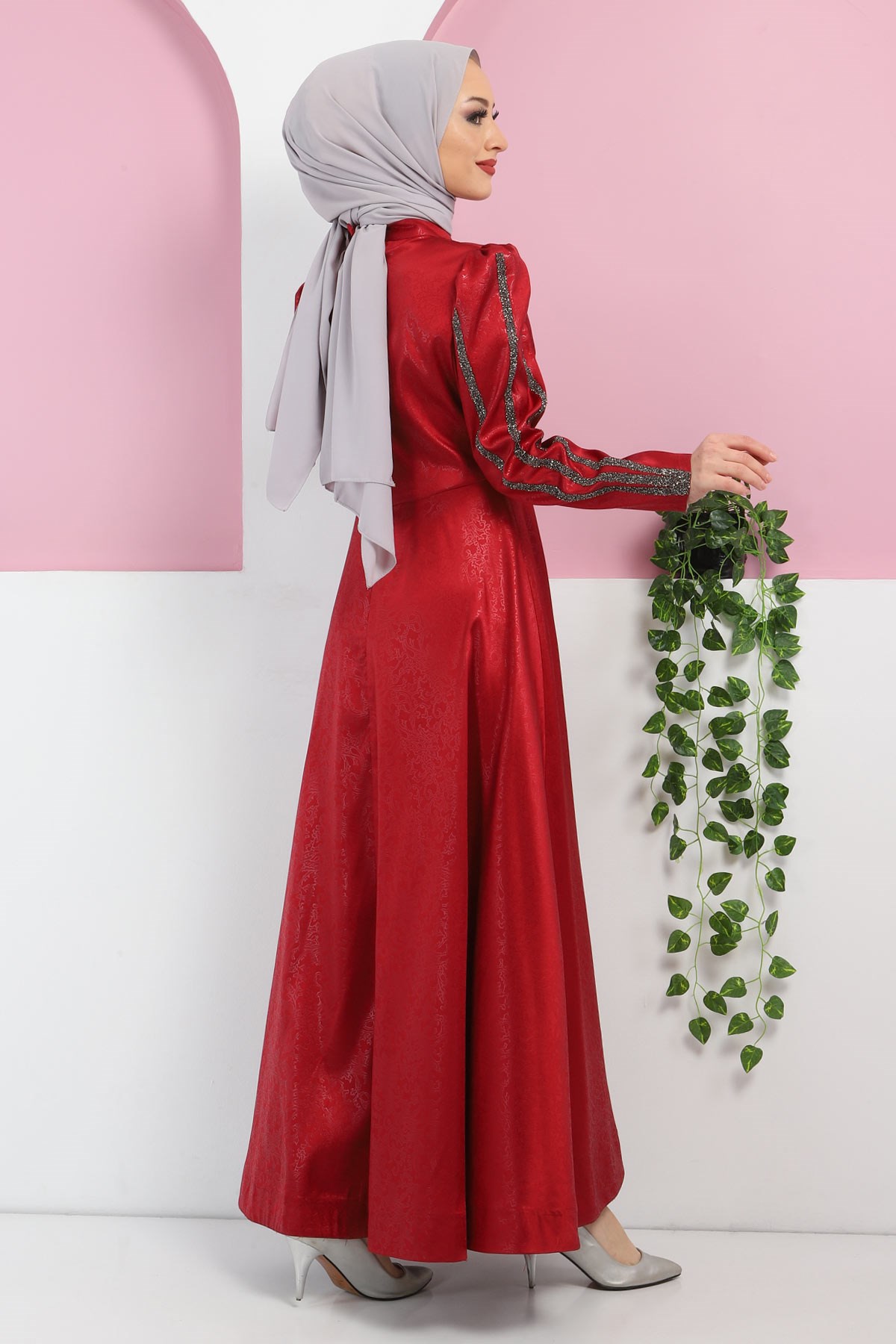 Yakma Desenli Taşlı Abiye Bordo 10421