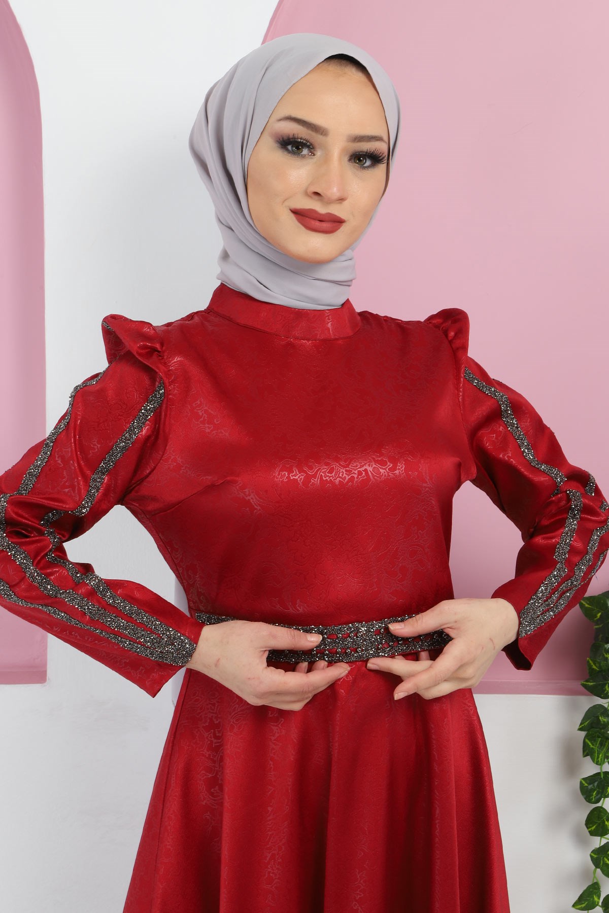 Yakma Desenli Taşlı Abiye Bordo 10421