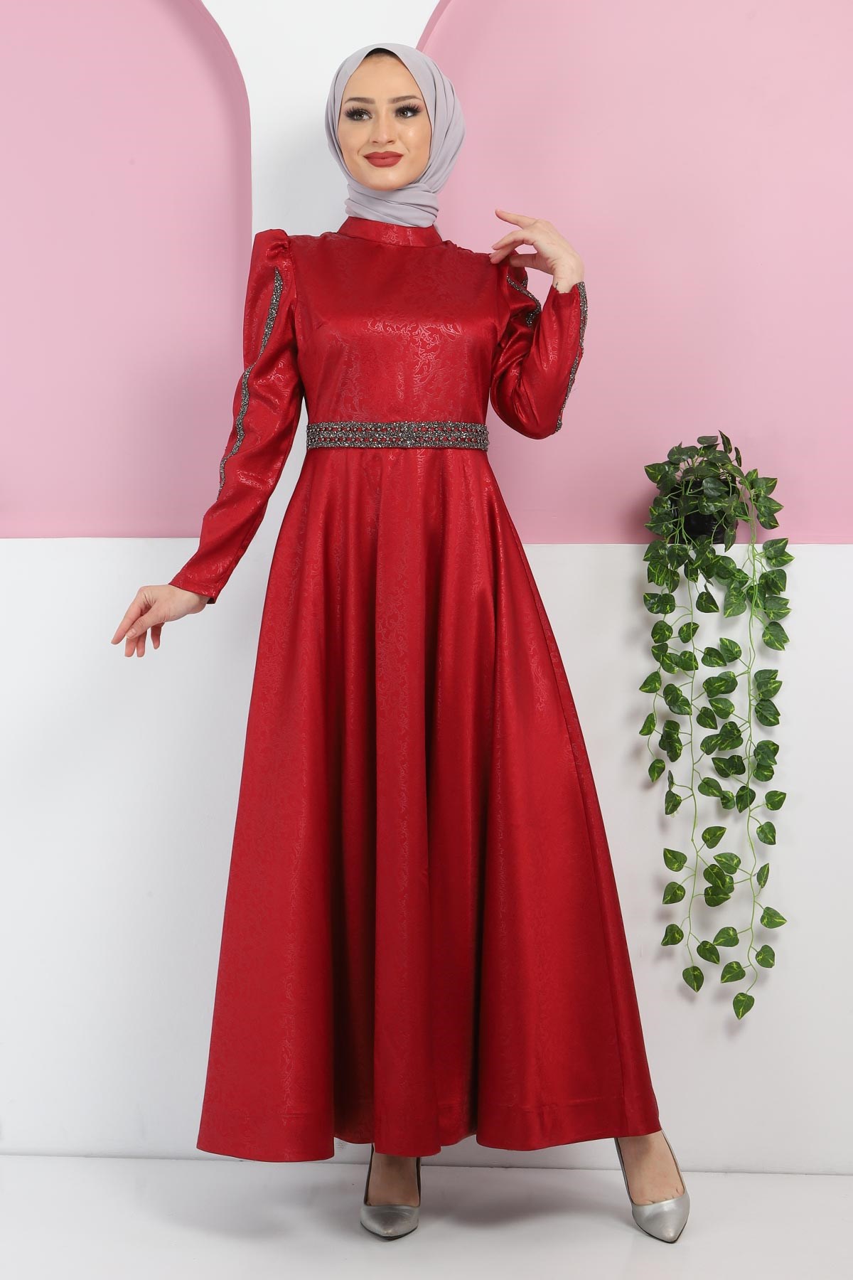 Yakma Desenli Taşlı Abiye Bordo 10421