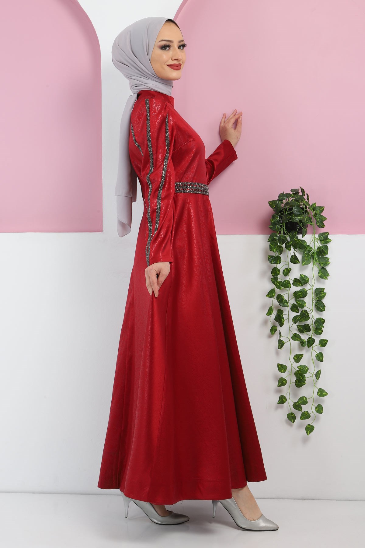 Yakma Desenli Taşlı Abiye Bordo 10421