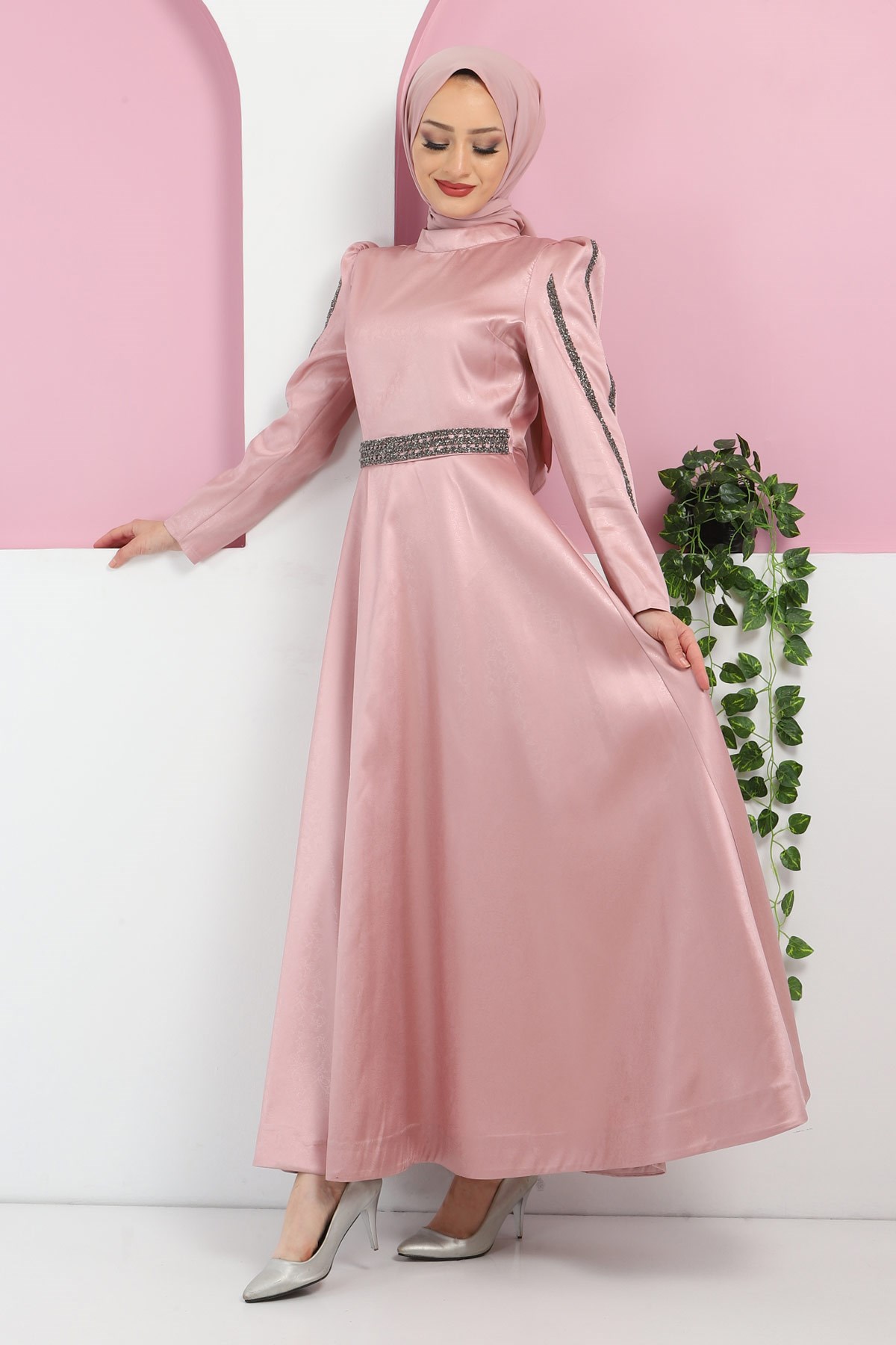 Yakma Desenli Taşlı Abiye Gül Kurusu 10421
