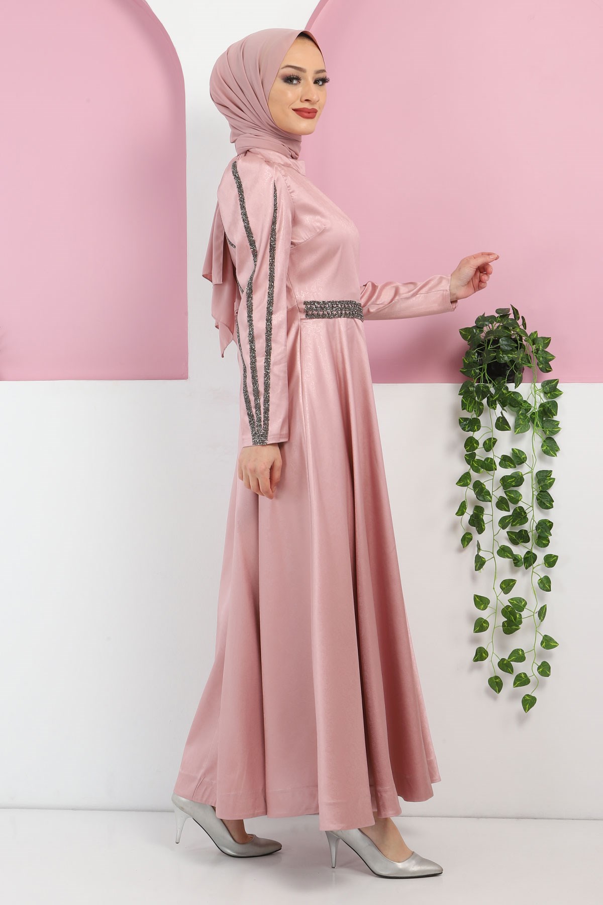 Yakma Desenli Taşlı Abiye Gül Kurusu 10421