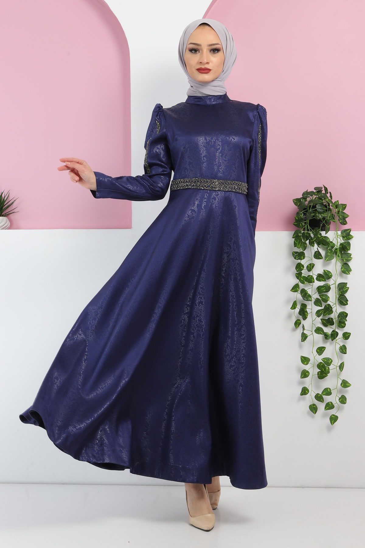 Yakma Desenli Taşlı Abiye İndigo 10421