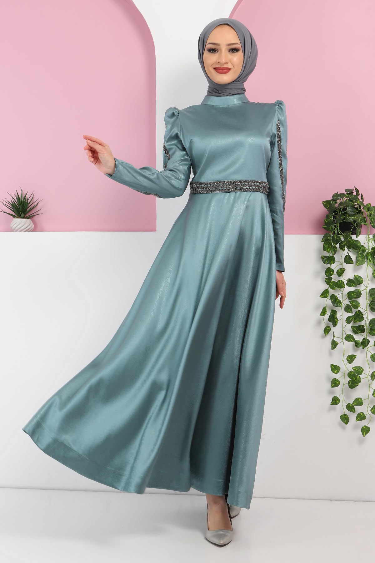 Yakma Desenli Taşlı Abiye Mint 10421