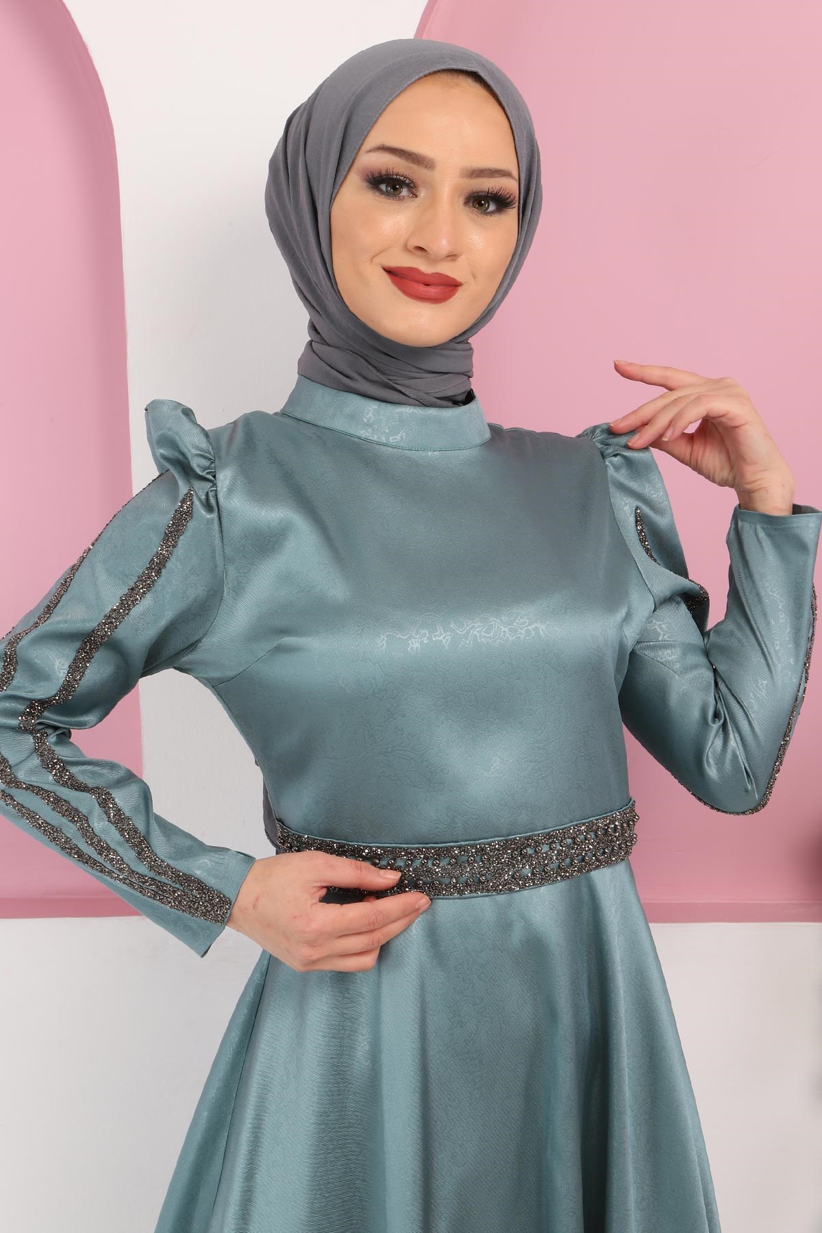 Yakma Desenli Taşlı Abiye Mint 10421
