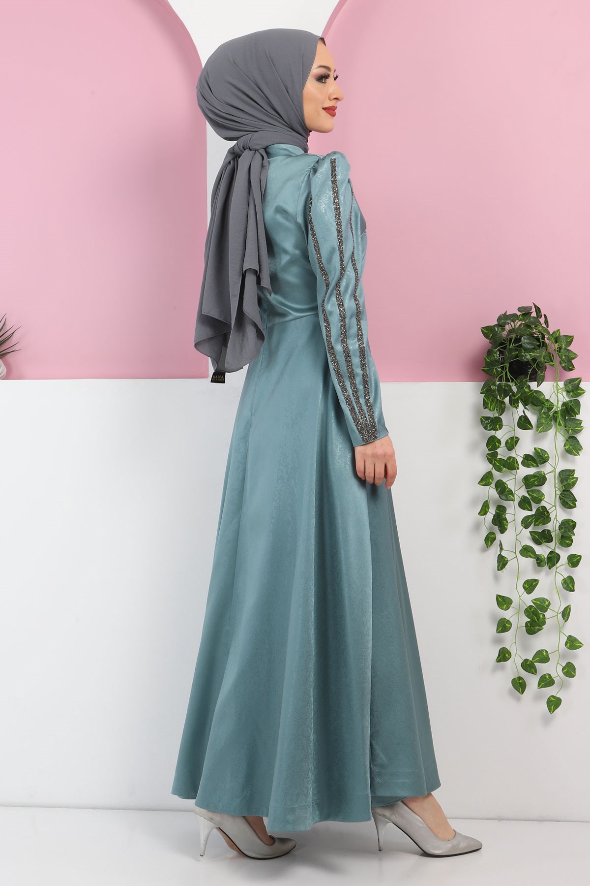 Yakma Desenli Taşlı Abiye Mint 10421