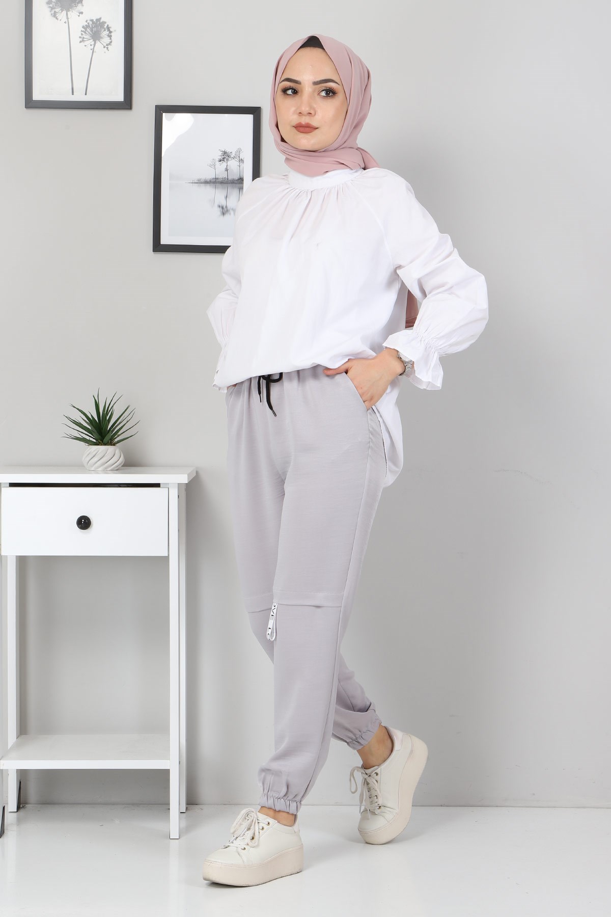 Yazı Detaylı Lastikli Pantolon Gri 10796