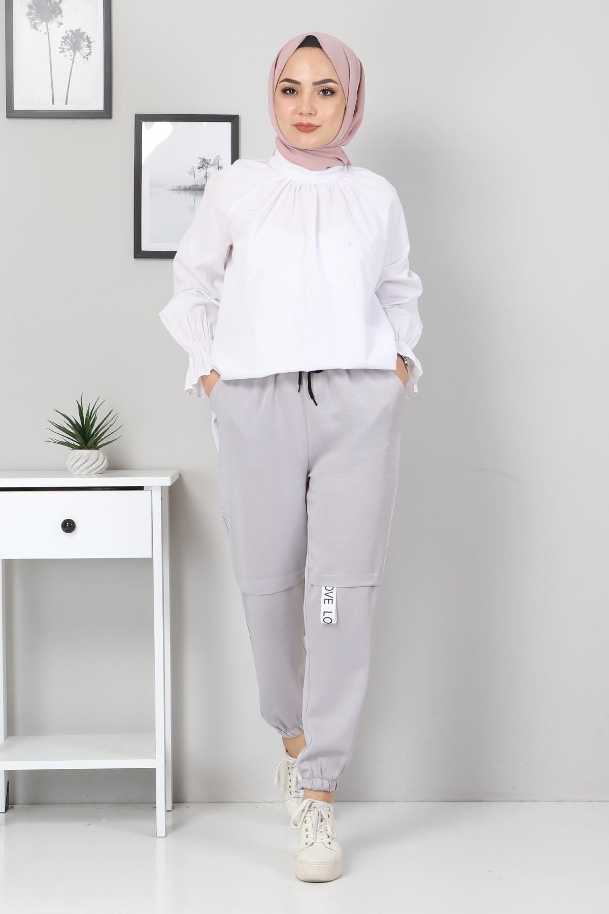 Yazı Detaylı Lastikli Pantolon Gri 10796