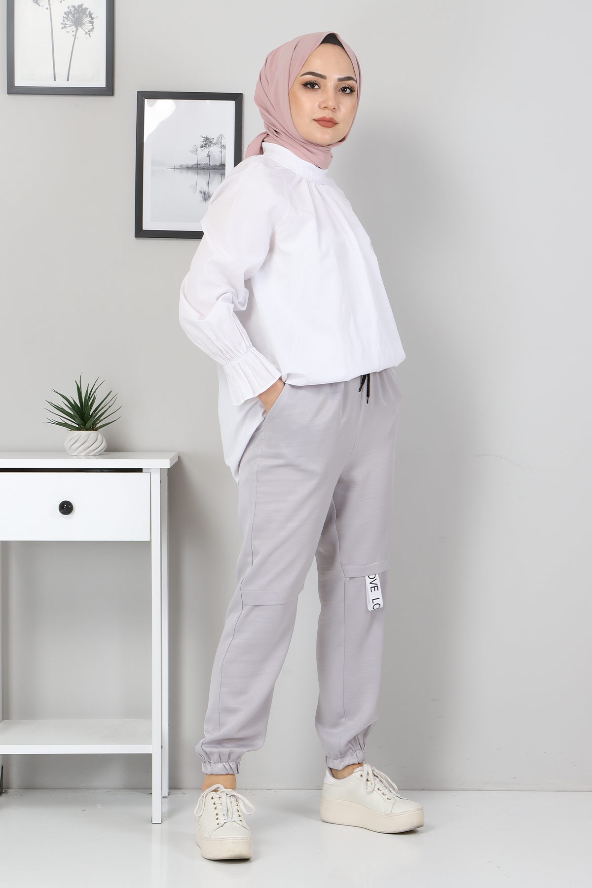 Yazı Detaylı Lastikli Pantolon Gri 10796
