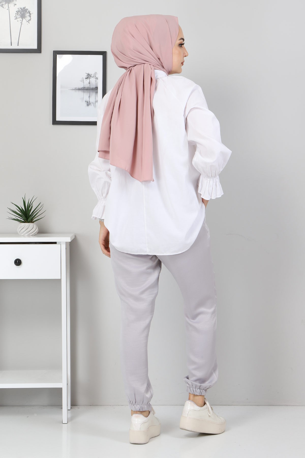 Yazı Detaylı Lastikli Pantolon Gri 10796