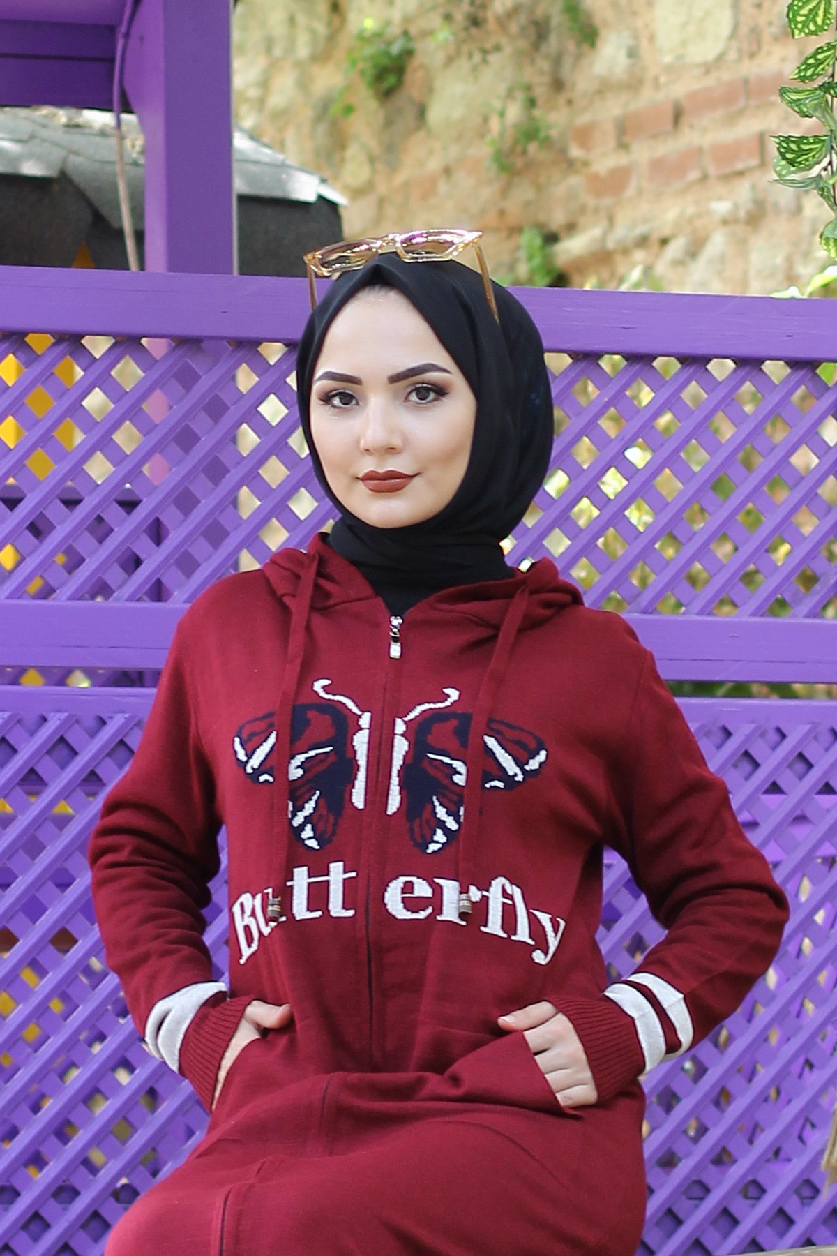 Yazılı Baskılı Tesettür Triko Elbise Bordo Bordo 0717-1