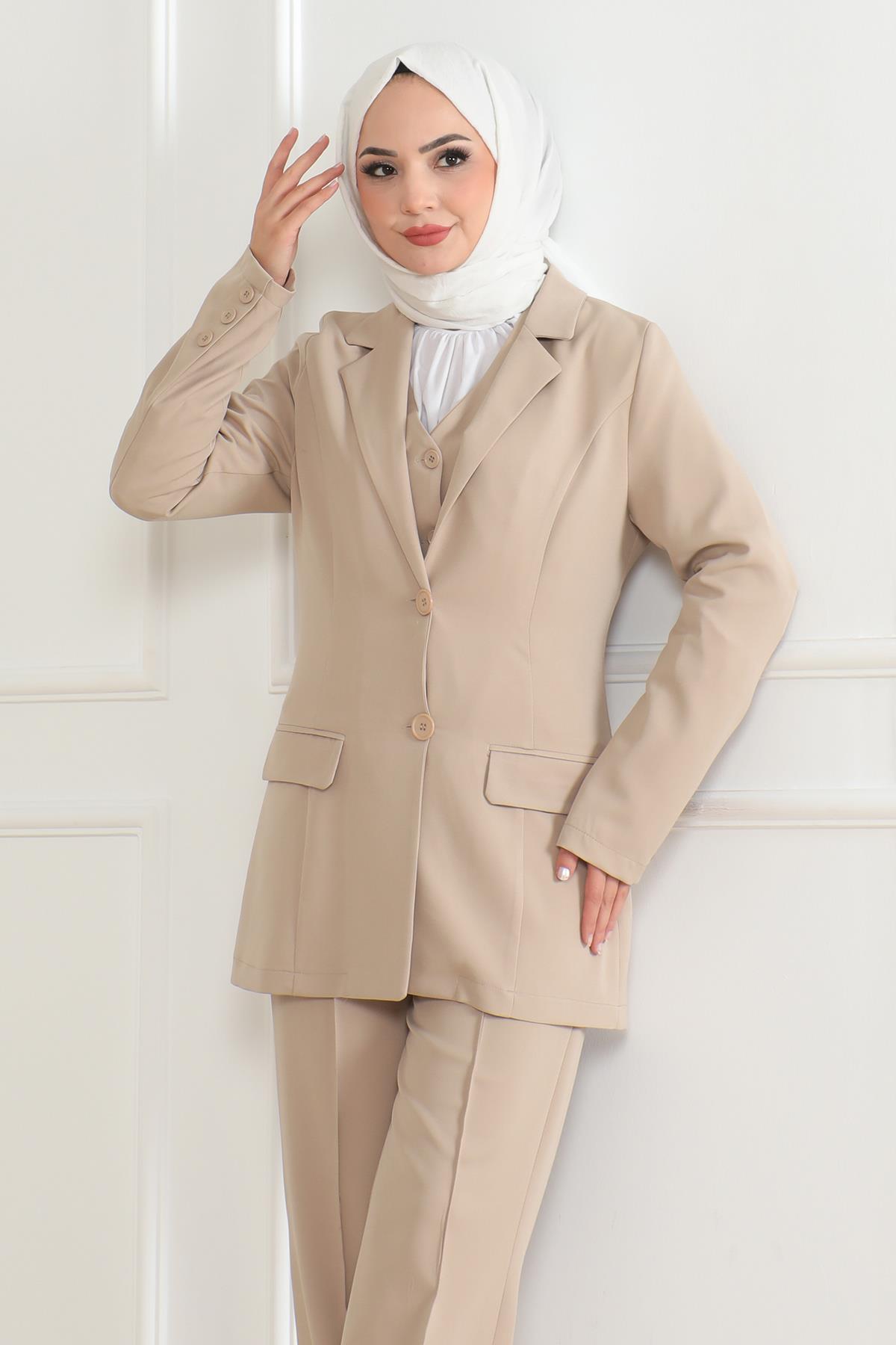 Yelekli Üçlü Takım Bej Bej MSW19222-4