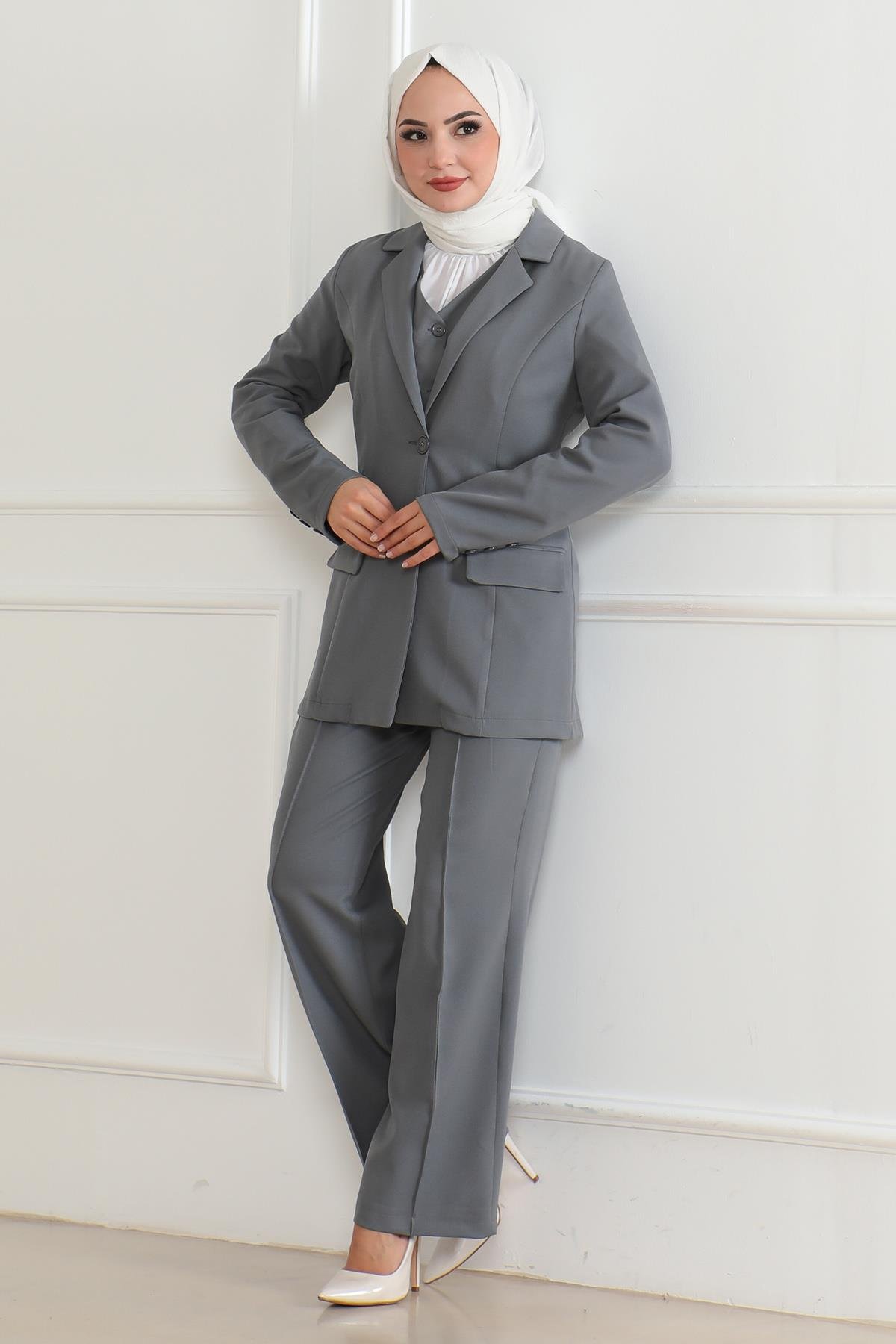 Yelekli Üçlü Takım Gri Gri MSW19222-5