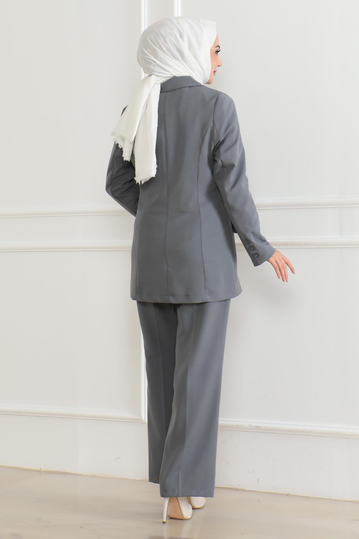 Yelekli Üçlü Takım Gri Gri MSW19222-5