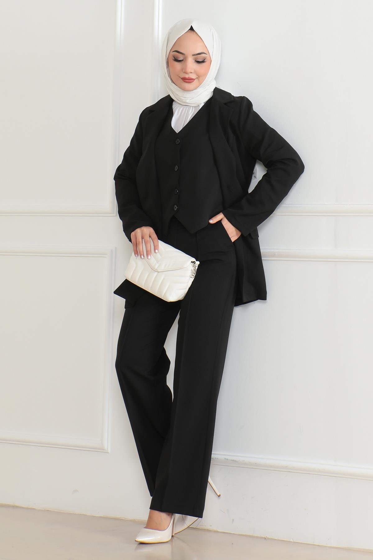 Yelekli Üçlü Takım Siyah Siyah MSW19222-1