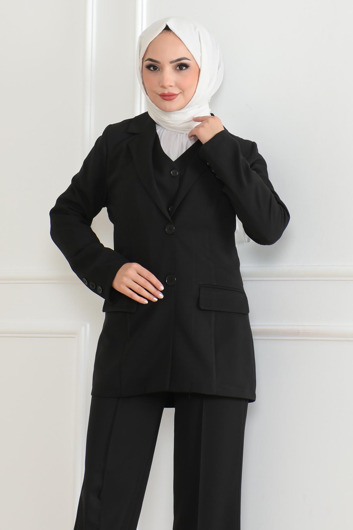 Yelekli Üçlü Takım Siyah Siyah MSW19222-1