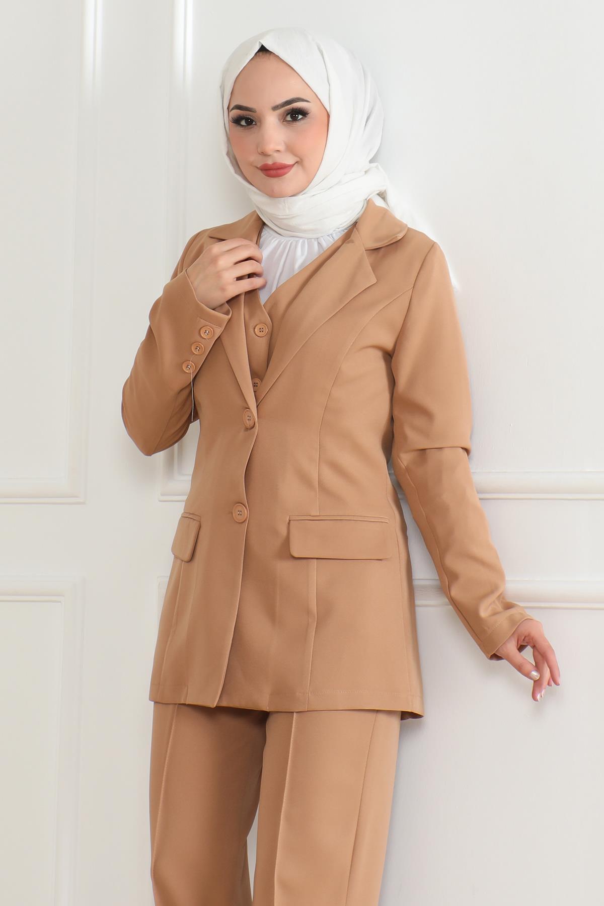 Yelekli Üçlü Takım Taba Taba MSW19222-6