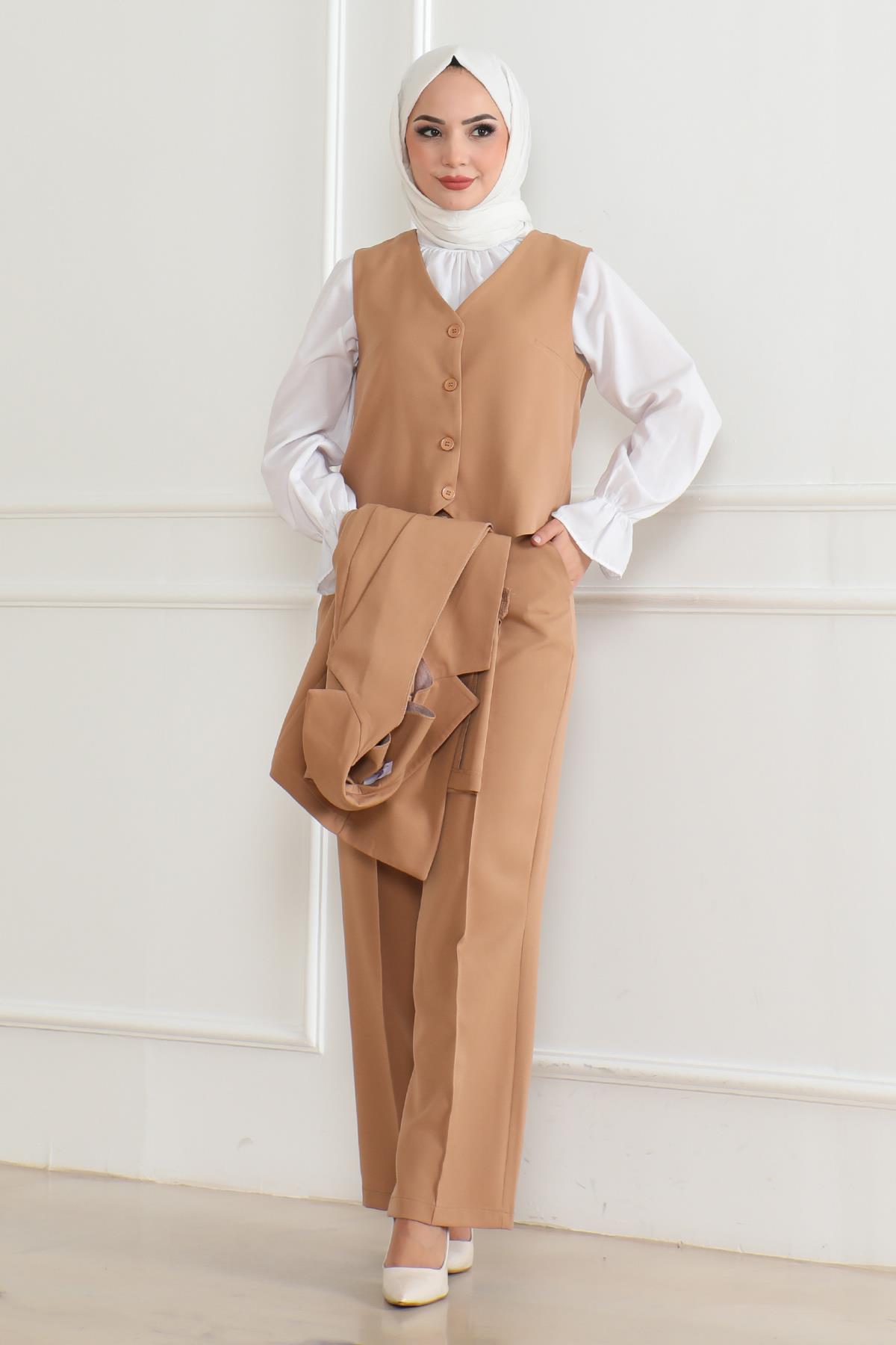 Yelekli Üçlü Takım Taba Taba MSW19222-6