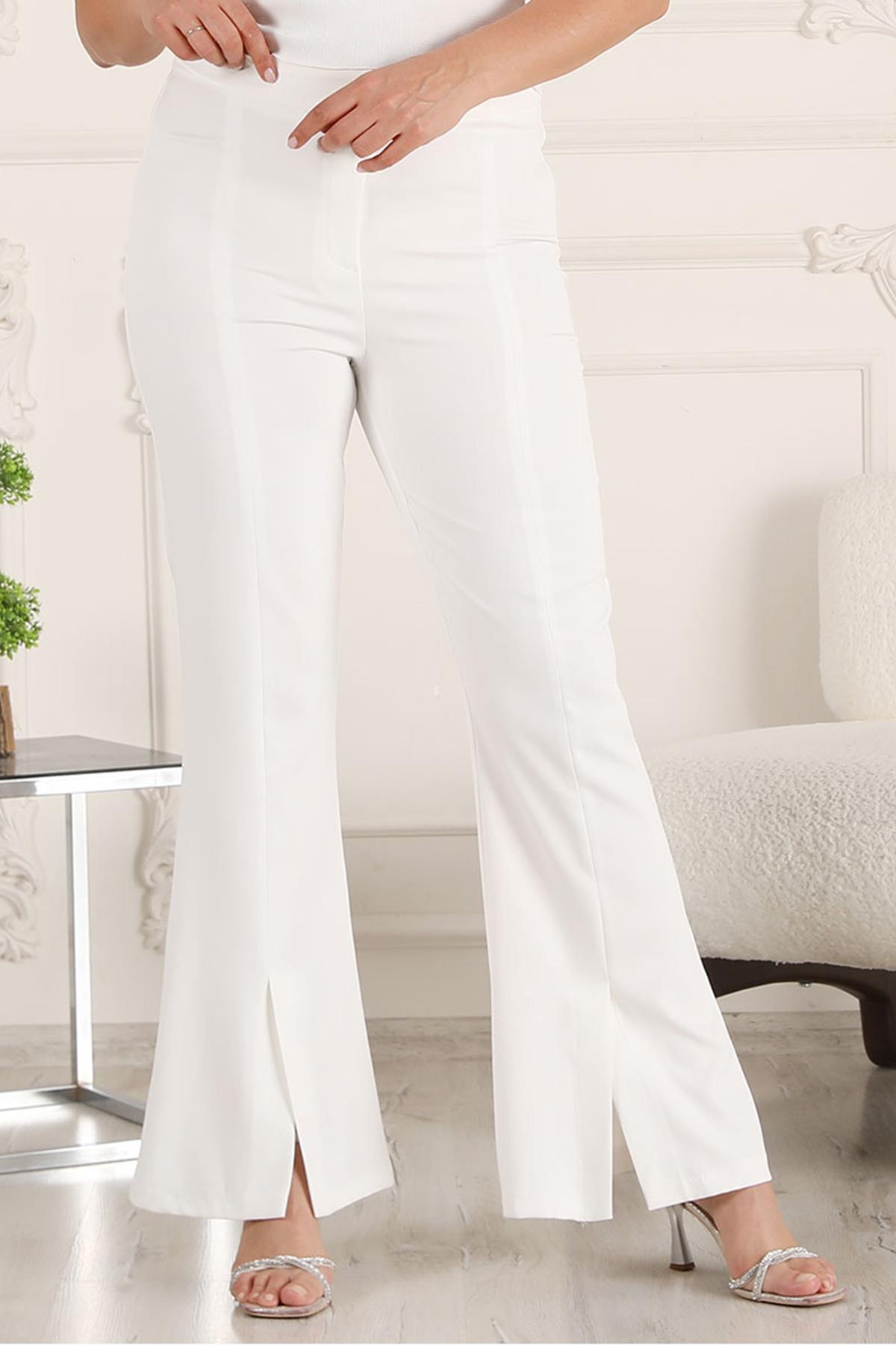 Yırtmaçlı İspanyol Paça Pantolon Beyaz 6075